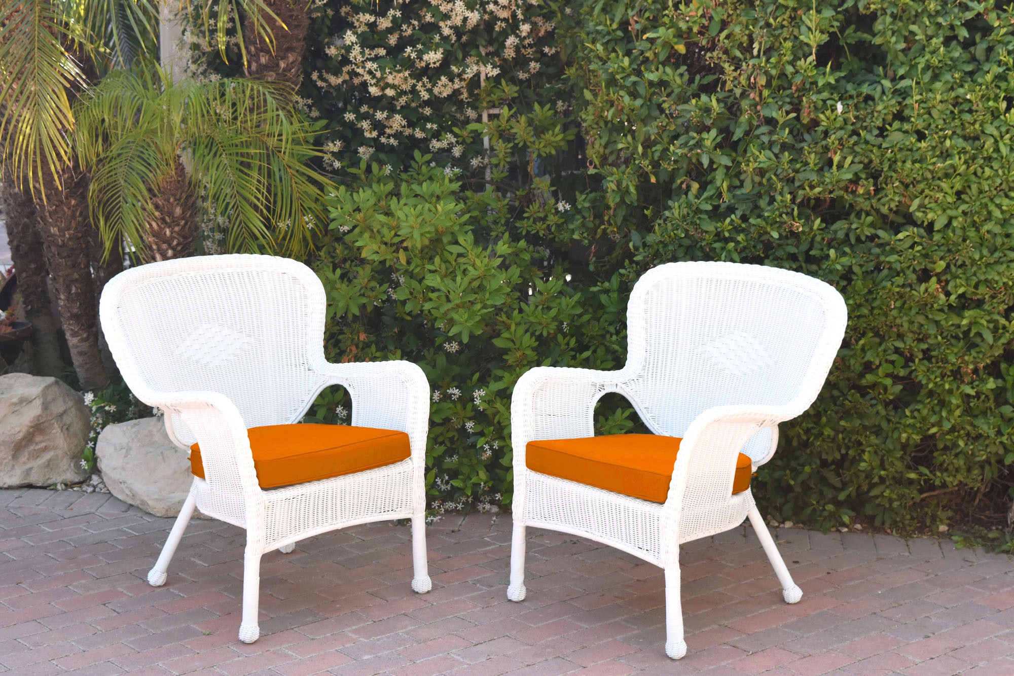 Set of 2 Windsor White Resin Wicker Chair with Orange Cushions