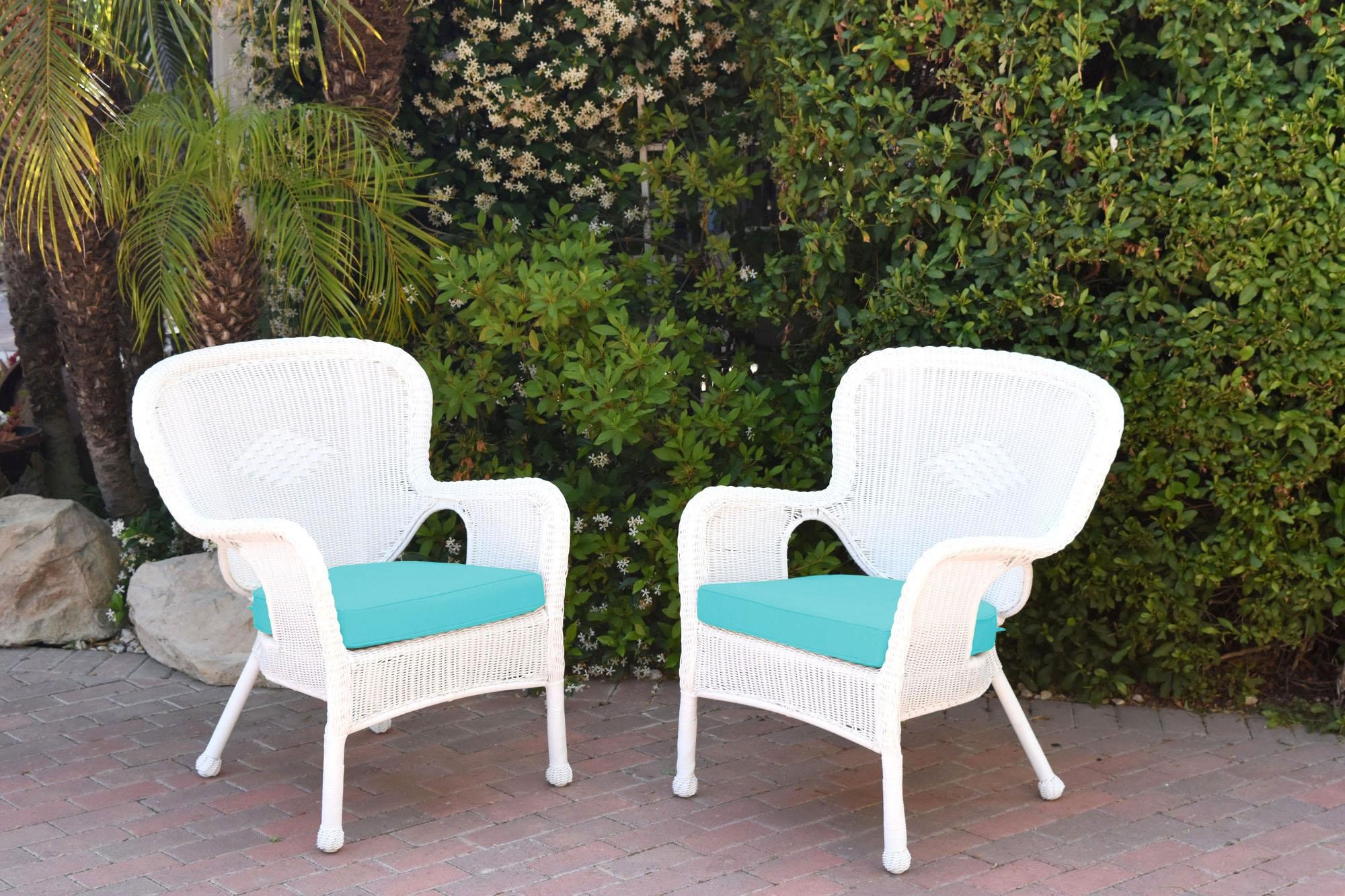 Set of 2 Windsor White Resin Wicker Chair with Sky Blue Cushion