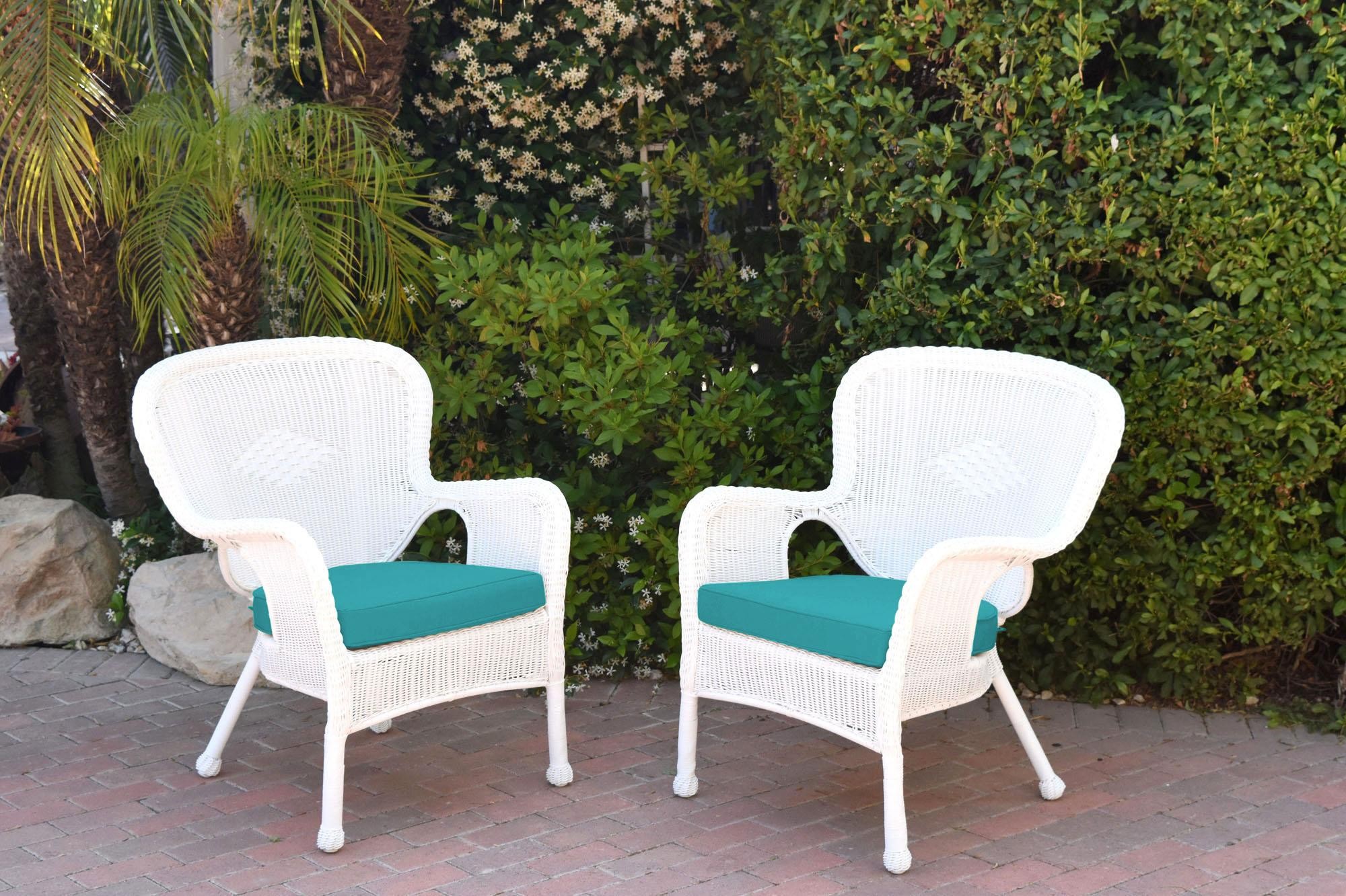 Set of 2 Windsor White Resin Wicker Chair with Turquoise Cushion