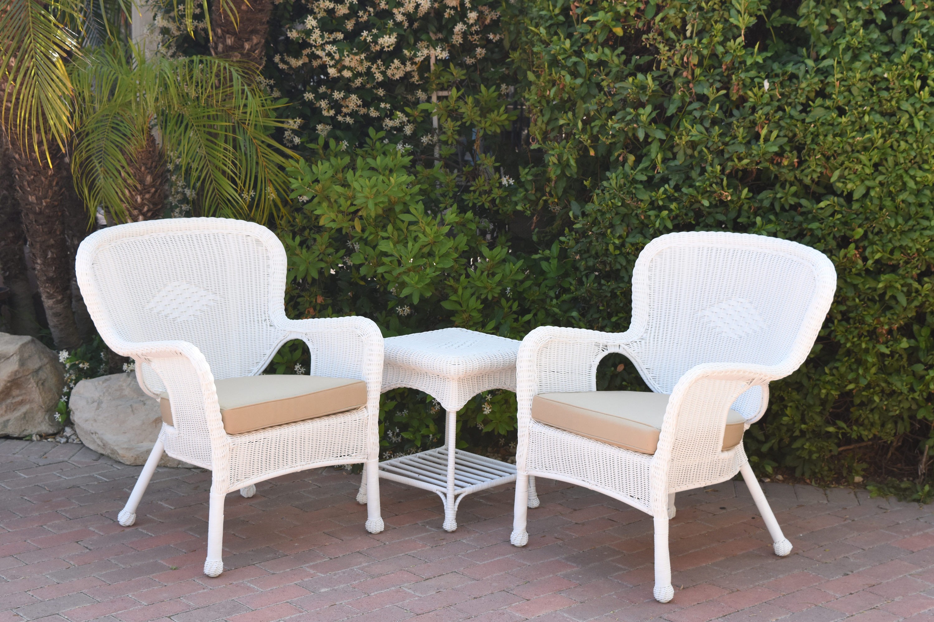 Windsor White Wicker Chair And End Table Set With Tan Chair Cushion