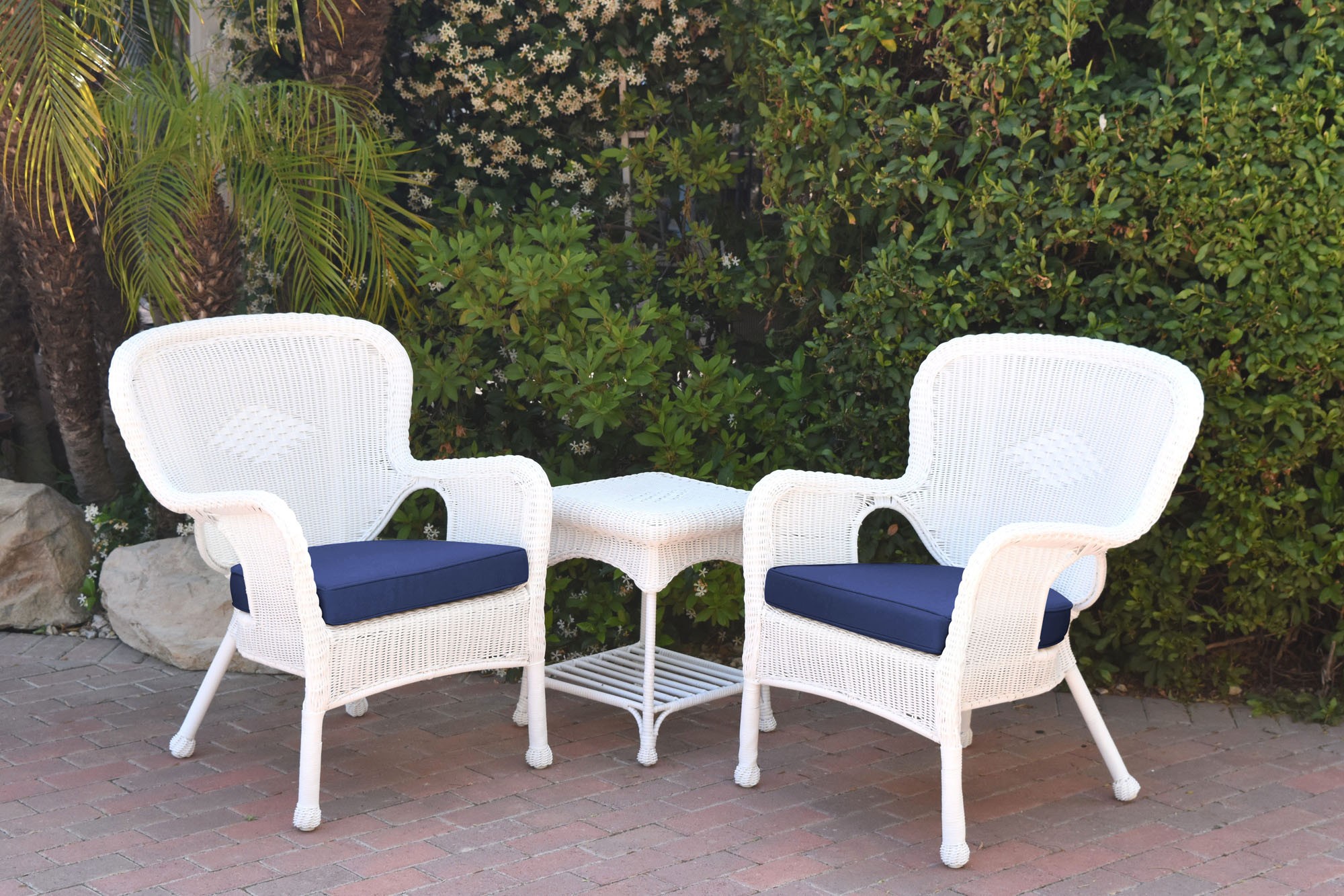 Windsor White Wicker Chair And End Table Set With Midnight Blue Chair Cushion