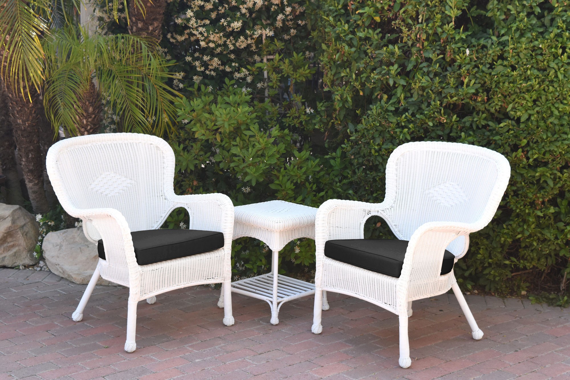 Windsor White Wicker Chair And End Table Set With Black Chair Cushion