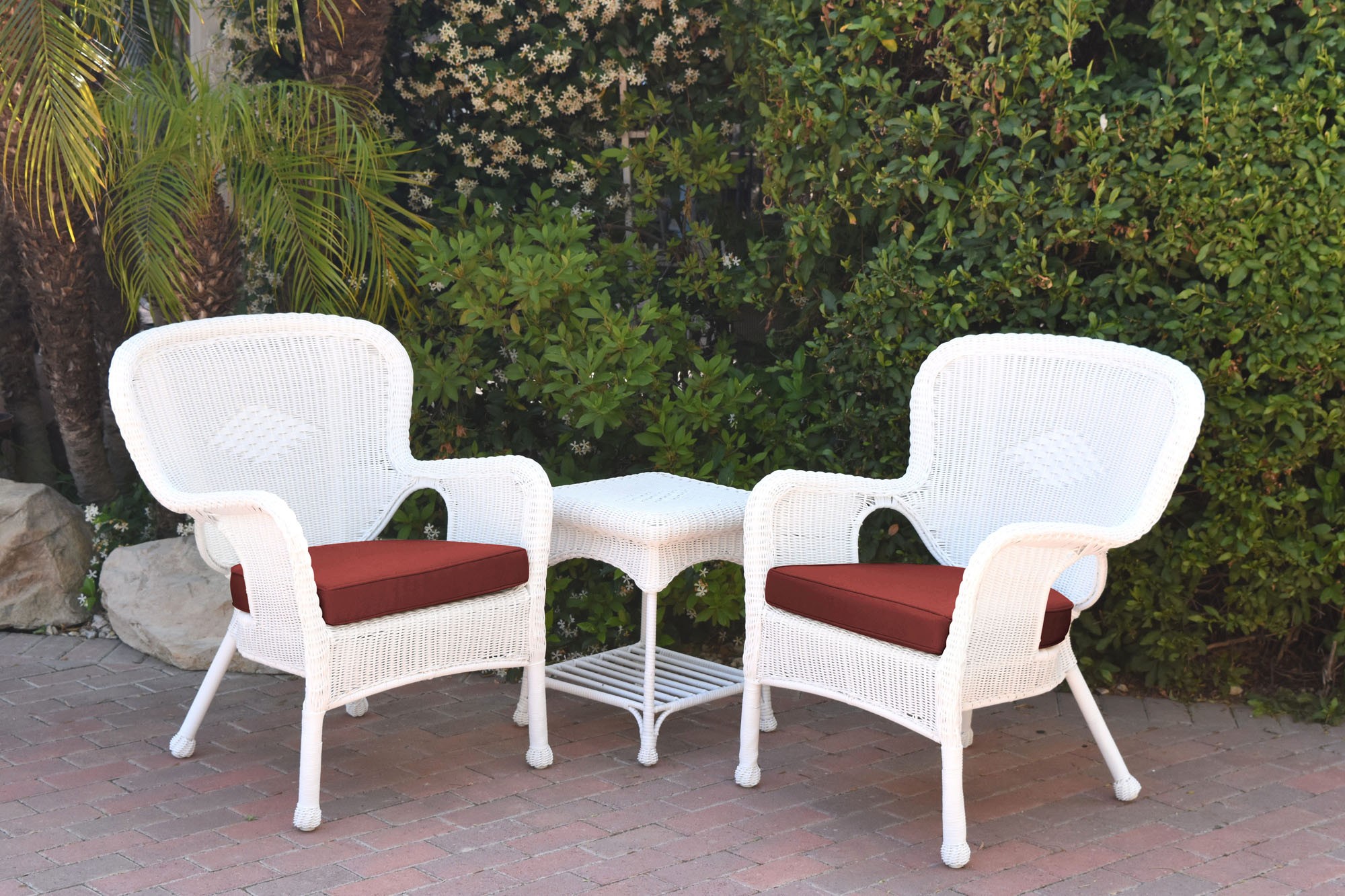 Windsor White Wicker Chair And End Table Set With Brick Red Chair Cushion