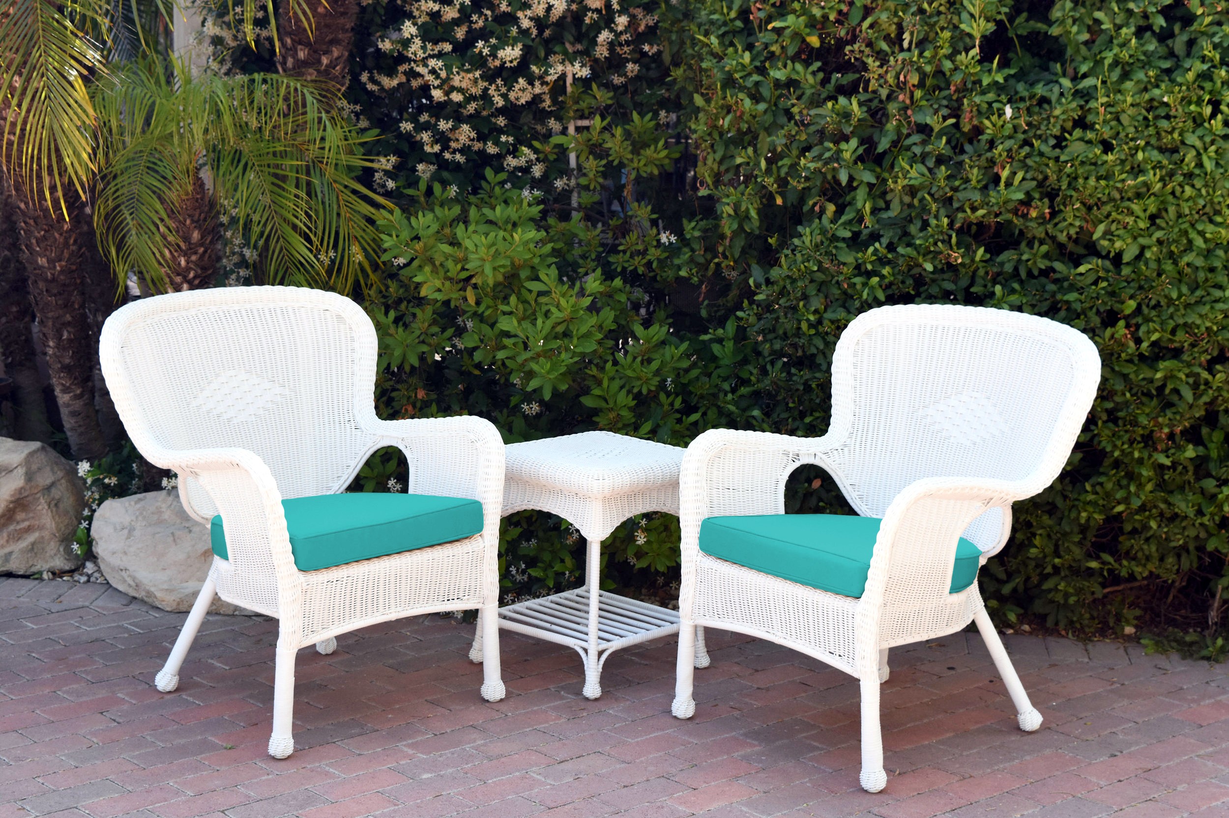 Windsor White Wicker Chair And End Table Set With Turquoise Chair Cushion