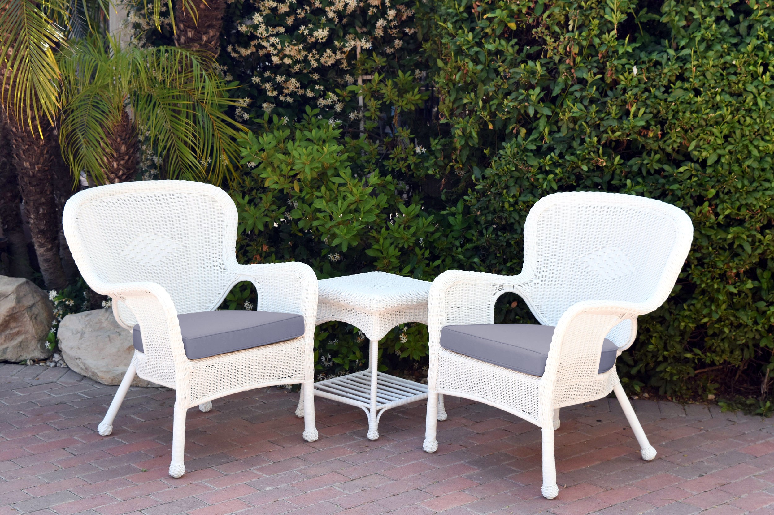 Windsor White Wicker Chair And End Table Set With Steel Blue Chair Cushion