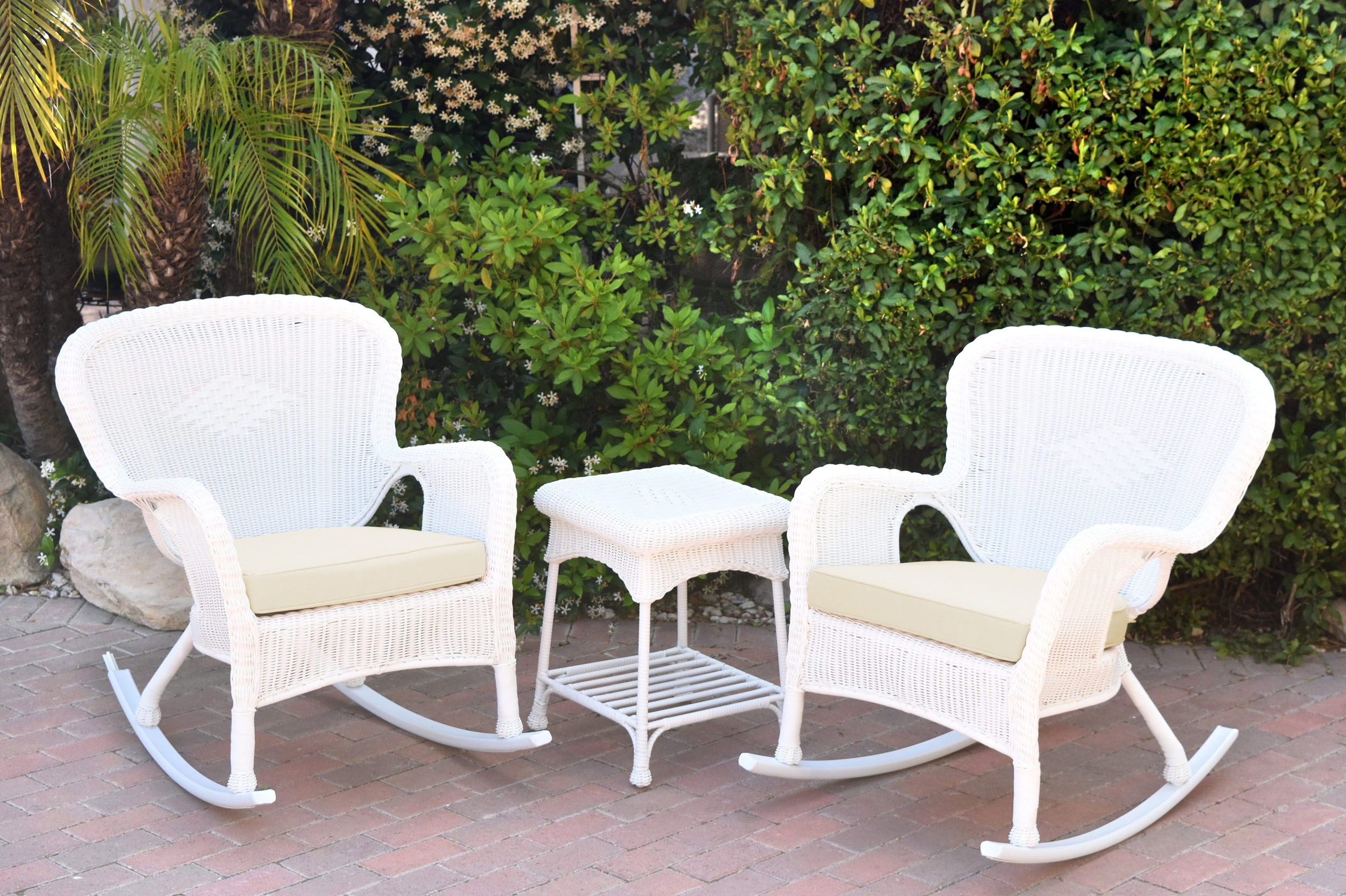 Windsor White Wicker Rocker Chair And End Table Set With Ivory Chair Cushion
