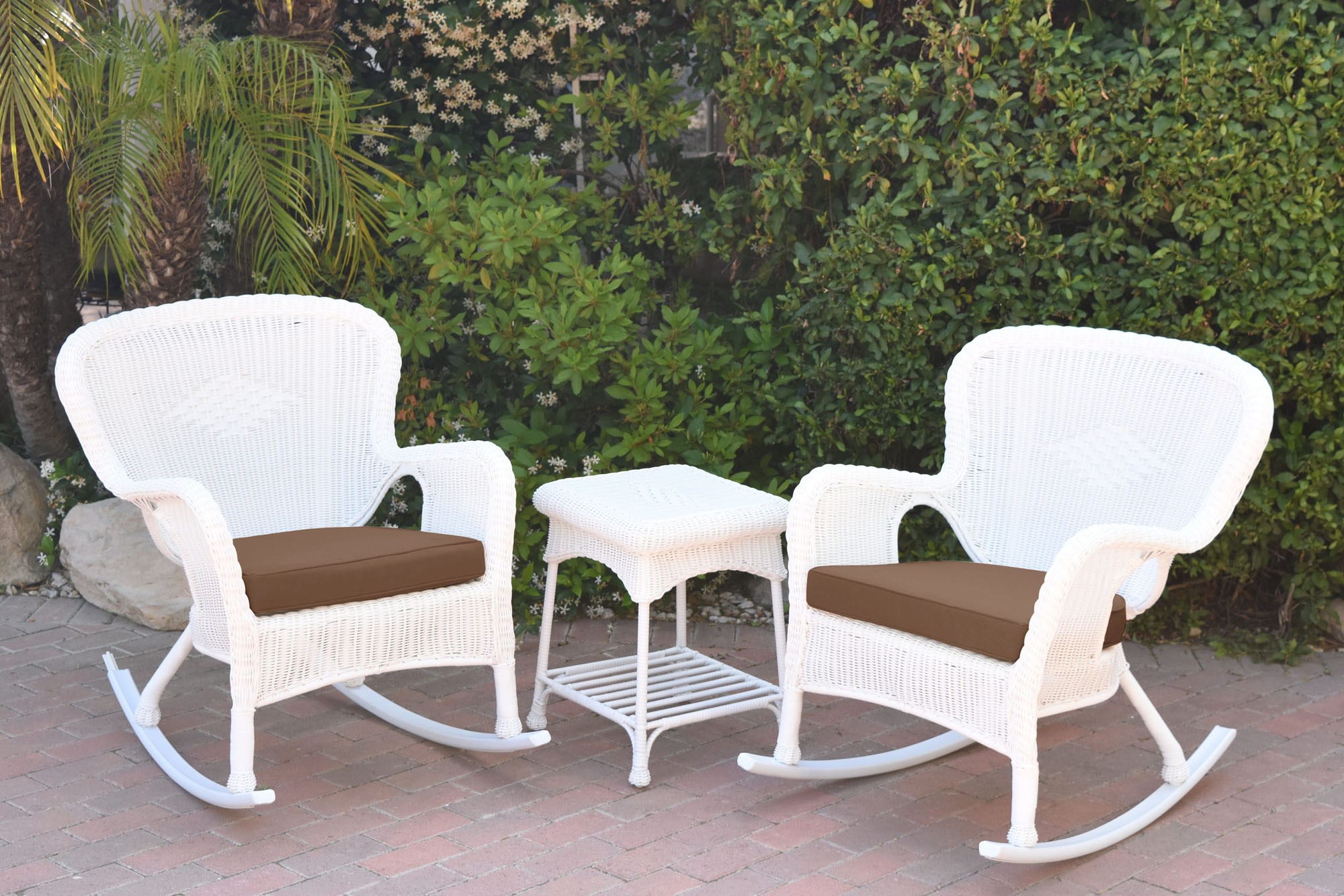 Windsor White Wicker Rocker Chair And End Table Set With Brown Chair Cushion