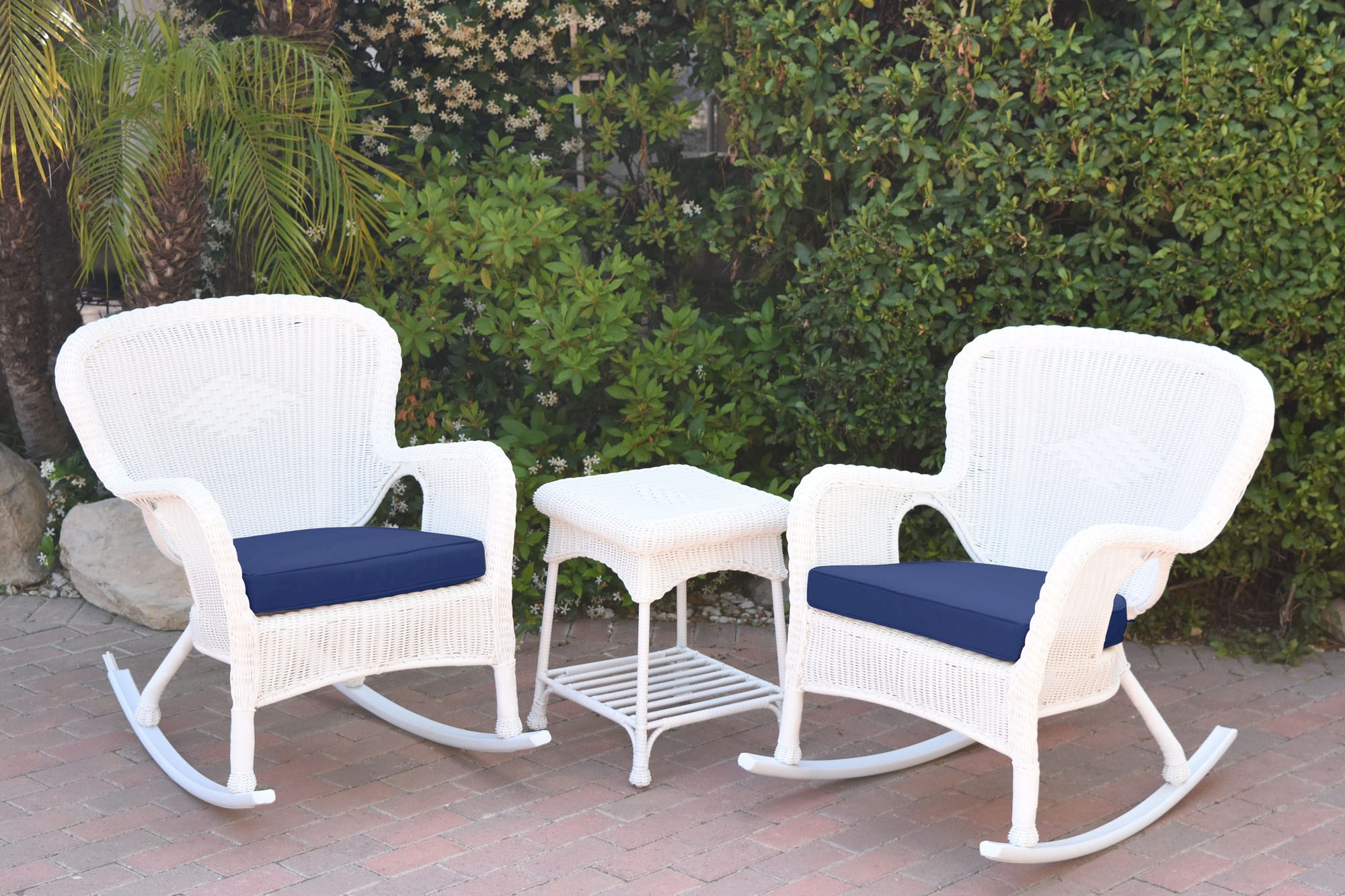 Windsor White Wicker Rocker Chair And End Table Set With Midnight Blue Chair Cushion