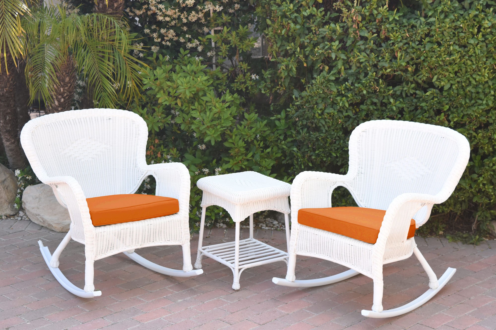 Windsor White Wicker Rocker Chair And End Table Set With Orange Chair Cushion