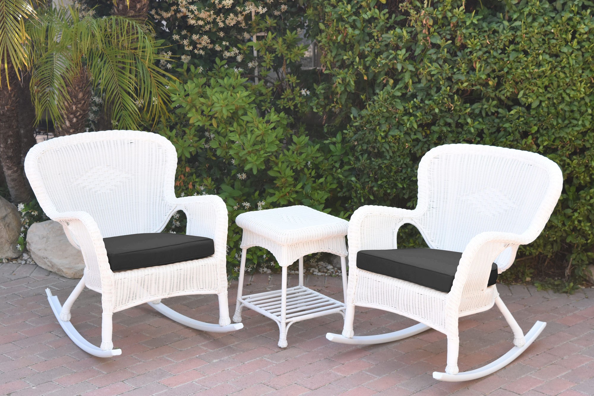 Windsor White Wicker Rocker Chair And End Table Set With Black Chair Cushion