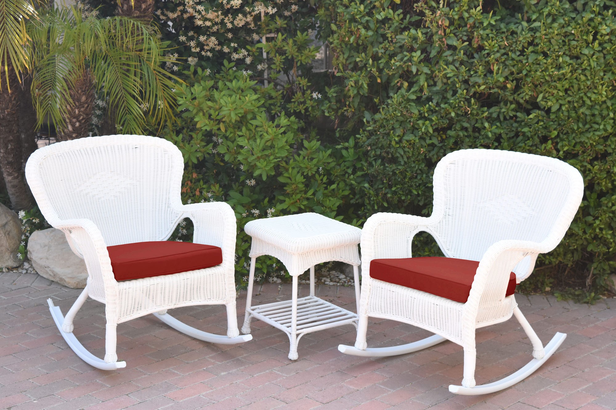 Windsor White Wicker Rocker Chair And End Table Set With Brick Red Chair Cushion