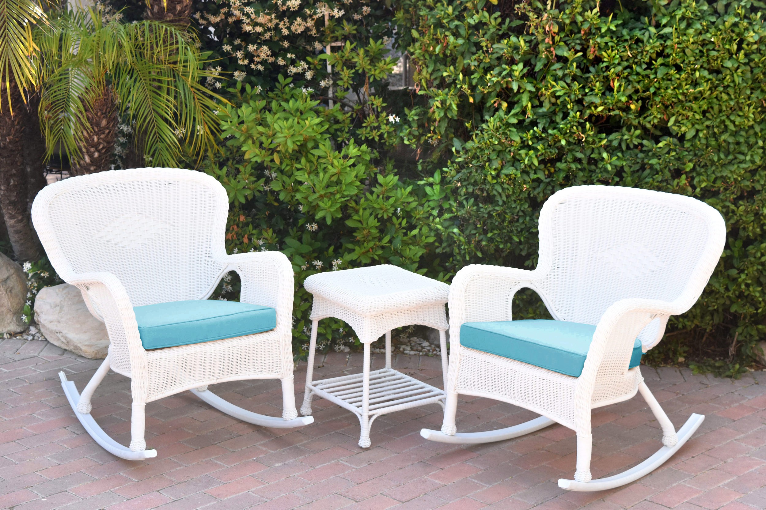 Windsor White Wicker Rocker Chair And End Table Set With Sky Blue Chair Cushion