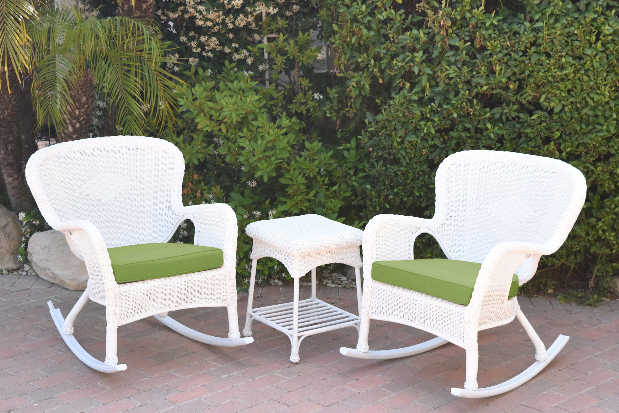 Windsor White Wicker Rocker Chair And End Table Set With Sage Green Chair Cushion
