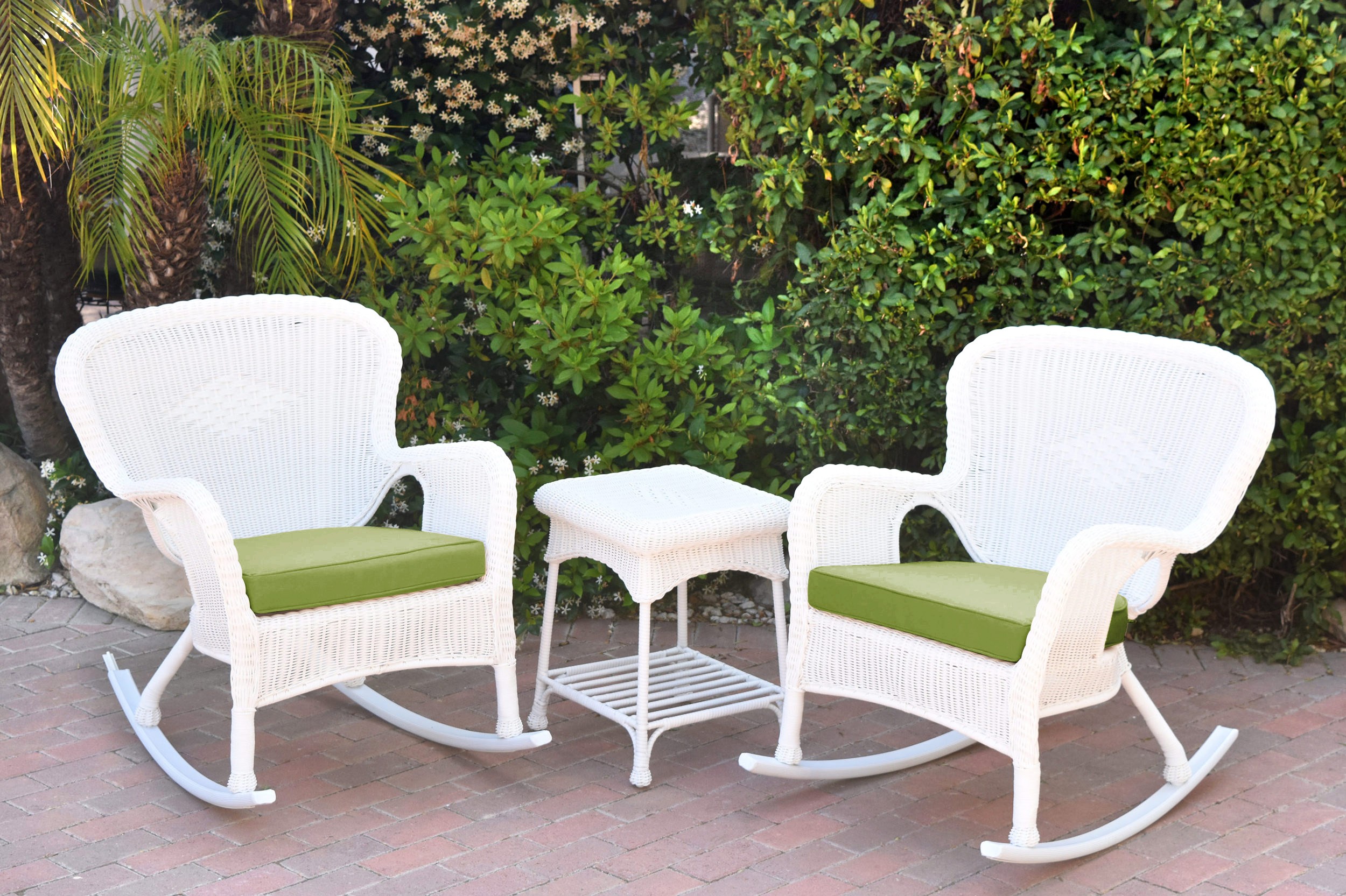 Windsor White Wicker Rocker Chair And End Table Set With Hunter Green Chair Cushion