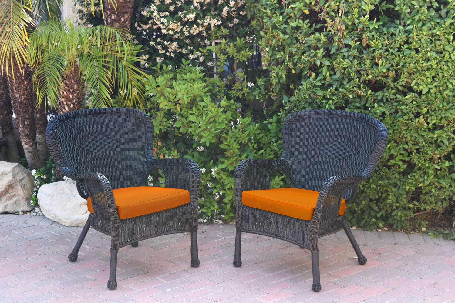 Set of 2 Windsor Black Resin Wicker Chair with Orange Cushions