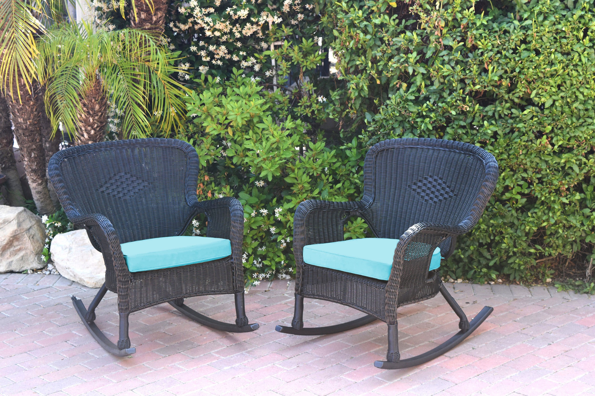 Set of 2 Windsor Black  Resin Wicker Rocker Chair with Sky Blue Cushions