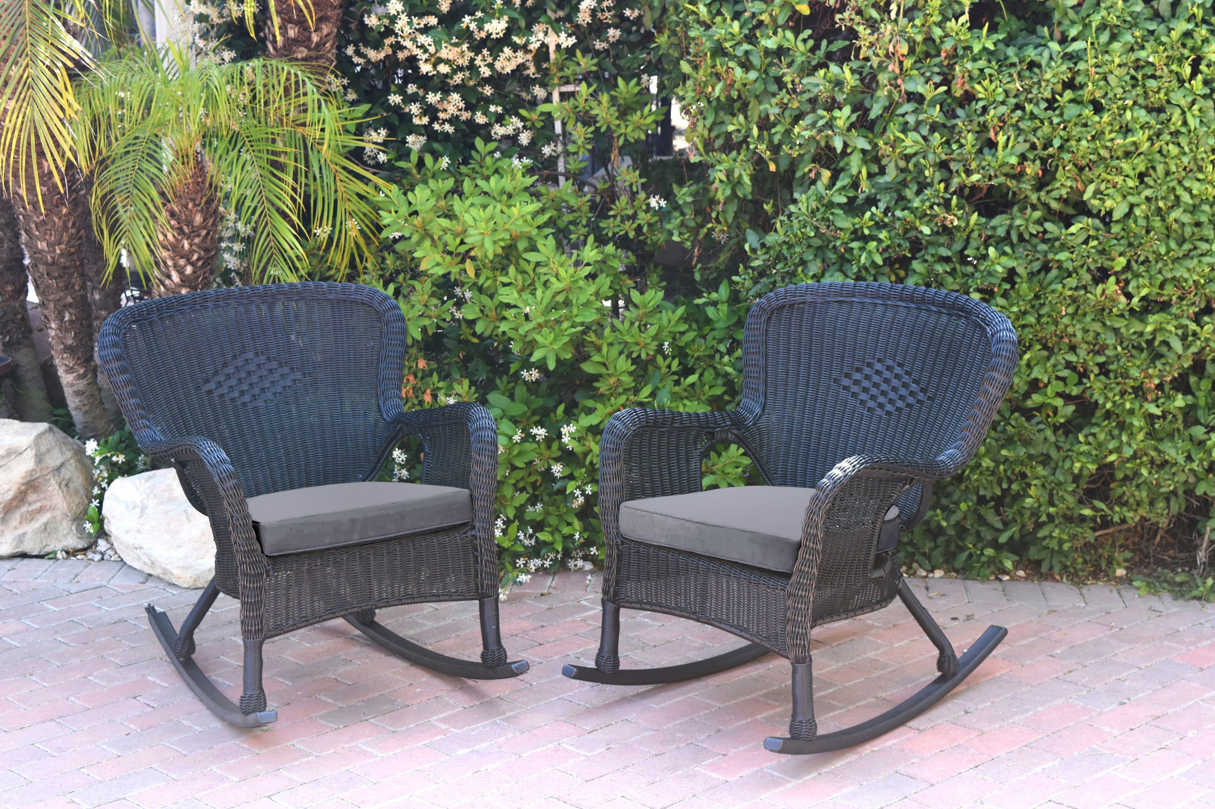Set of 2 Windsor Black  Resin Wicker Rocker Chair with Steel Blue Cushions