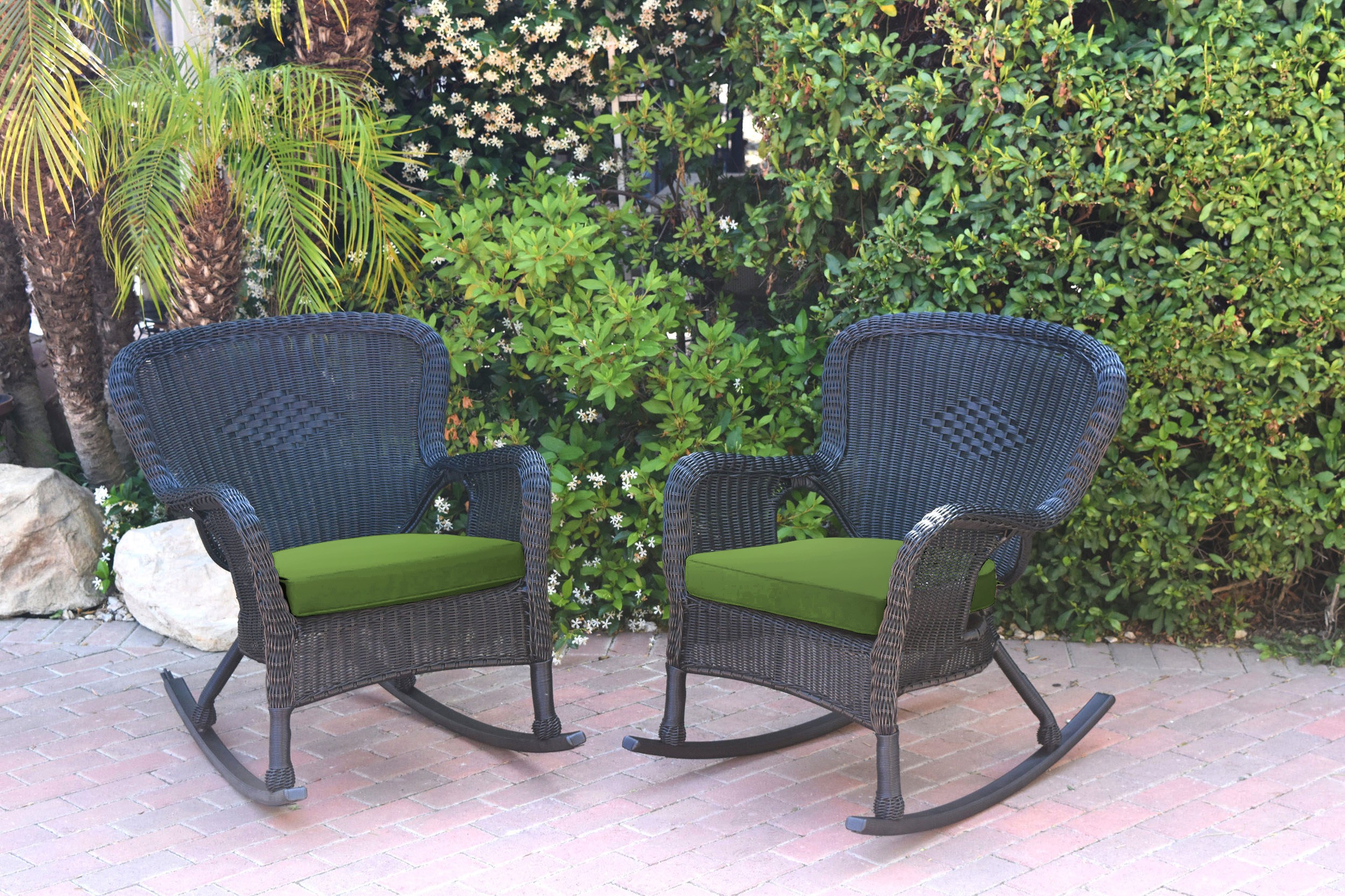 Set of 2 Windsor Black  Resin Wicker Rocker Chair with Hunter Green Cushions