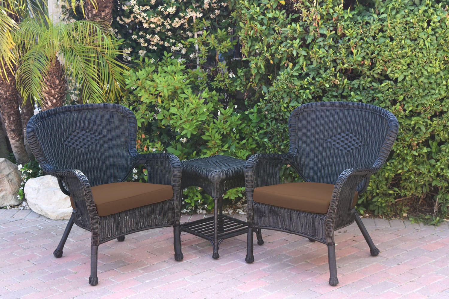 Windsor Black Wicker Chair And End Table Set With Brown Chair Cushion