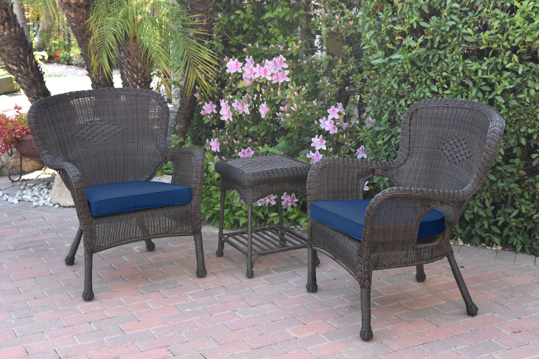 Windsor Black Wicker Chair And End Table Set With Midnight Blue Chair Cushion