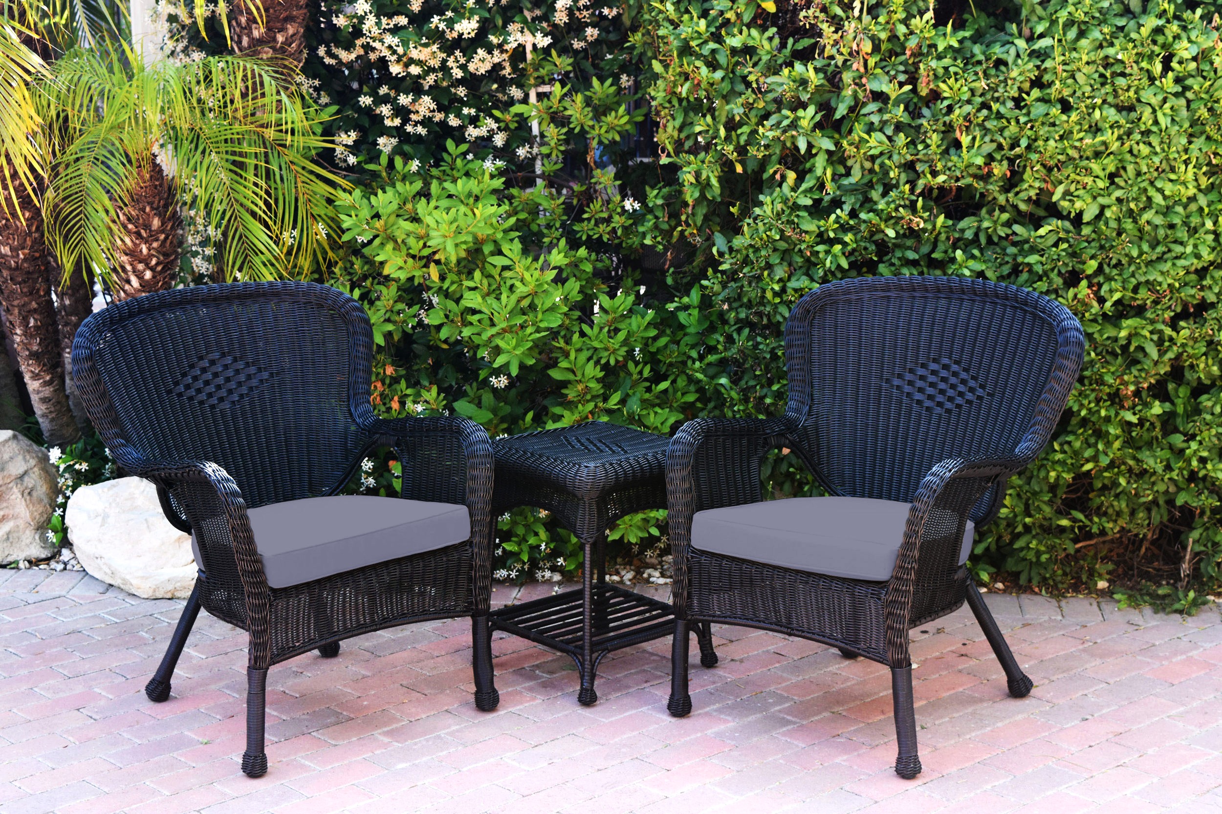 Windsor Black Wicker Chair And End Table Set With Steel Blue Chair Cushion
