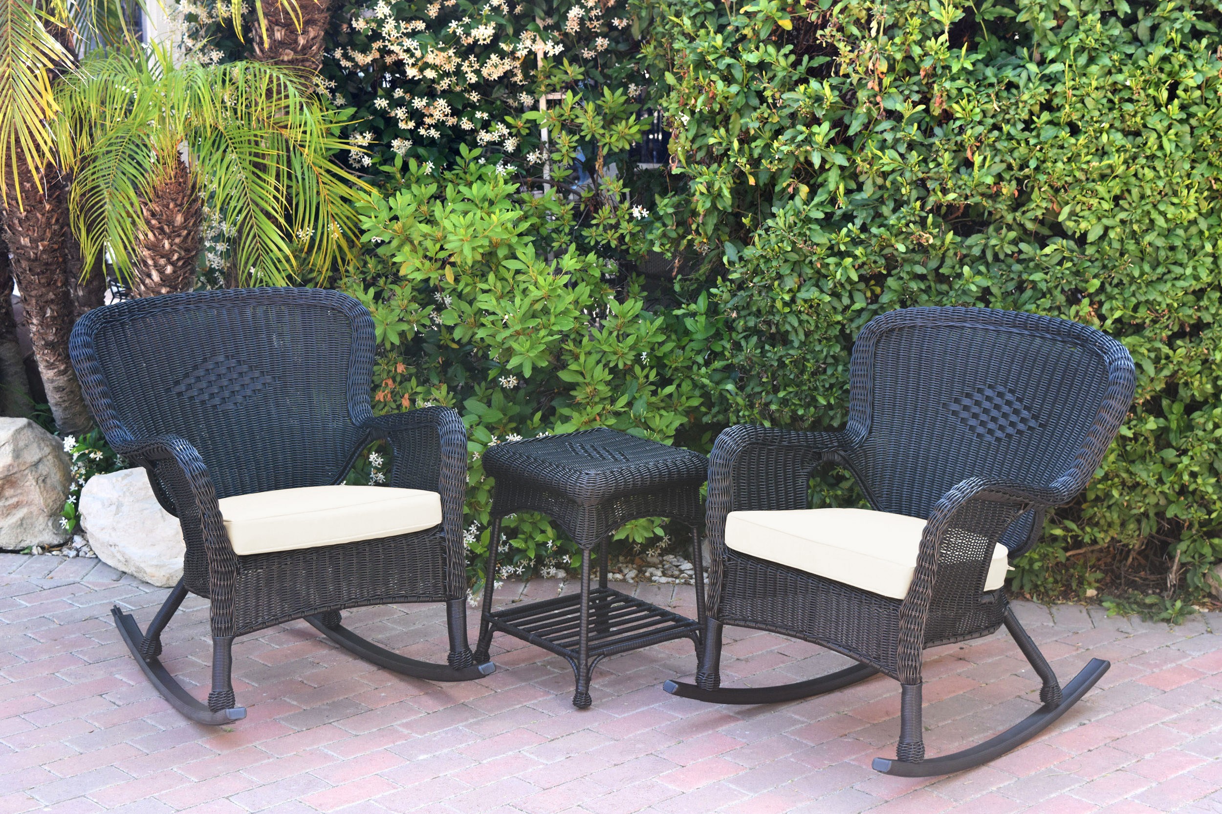 Windsor Black Wicker Rocker Chair And End Table Set With Ivory Chair Cushion