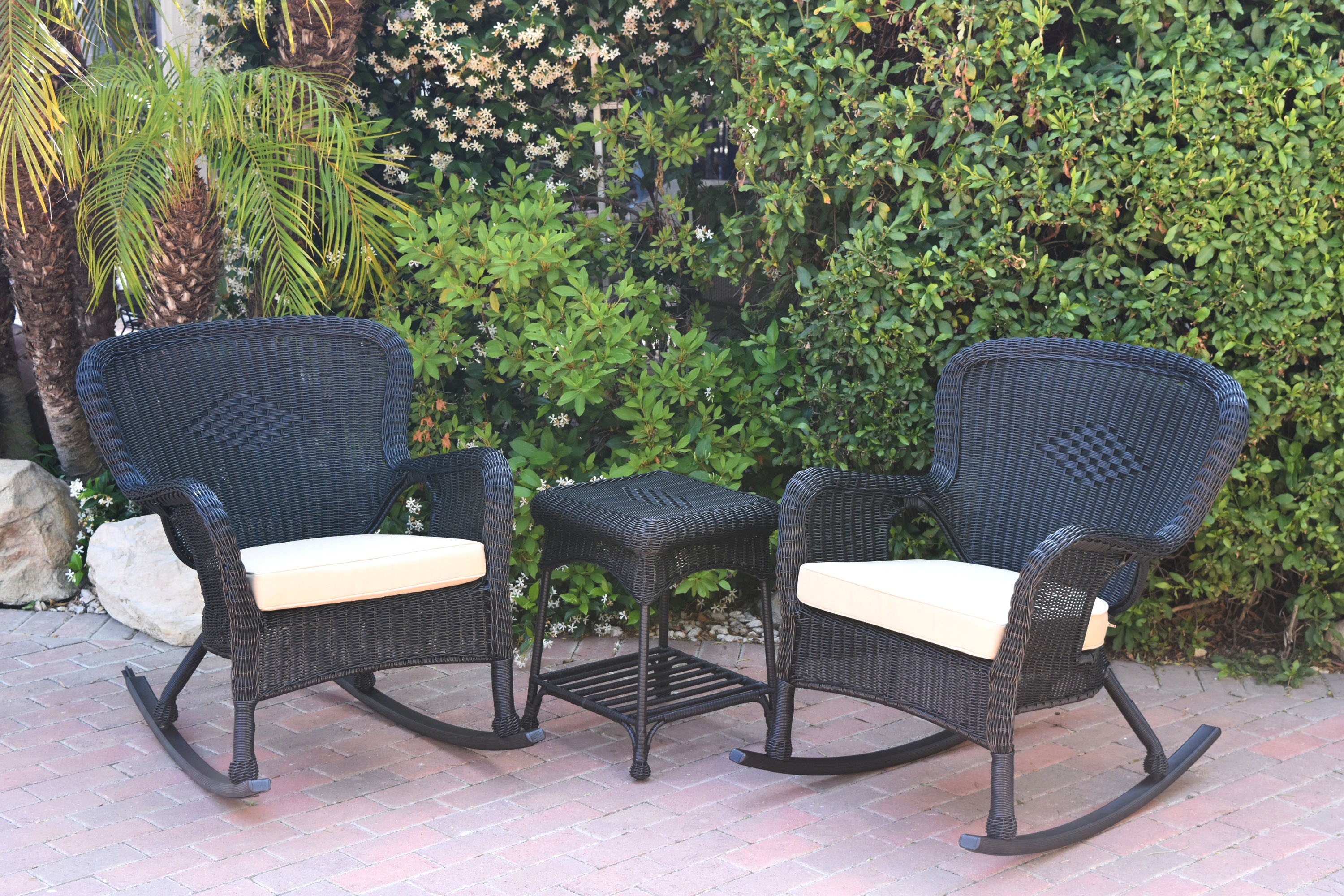 Windsor Black Wicker Rocker Chair And End Table Set With Tan Chair Cushion
