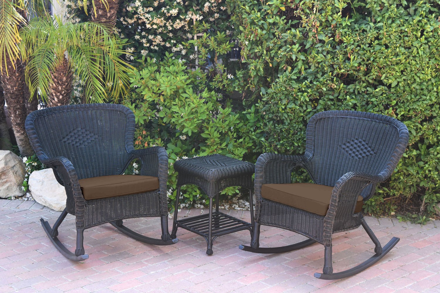 Windsor Black Wicker Rocker Chair And End Table Set With Brown Chair Cushion