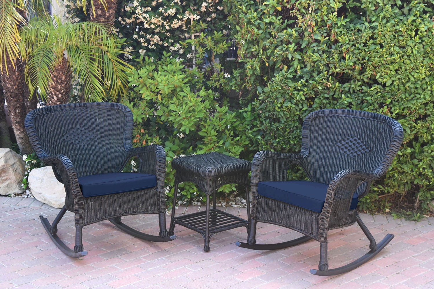 Windsor Black Wicker Rocker Chair And End Table Set With Midnight Blue Chair Cushion