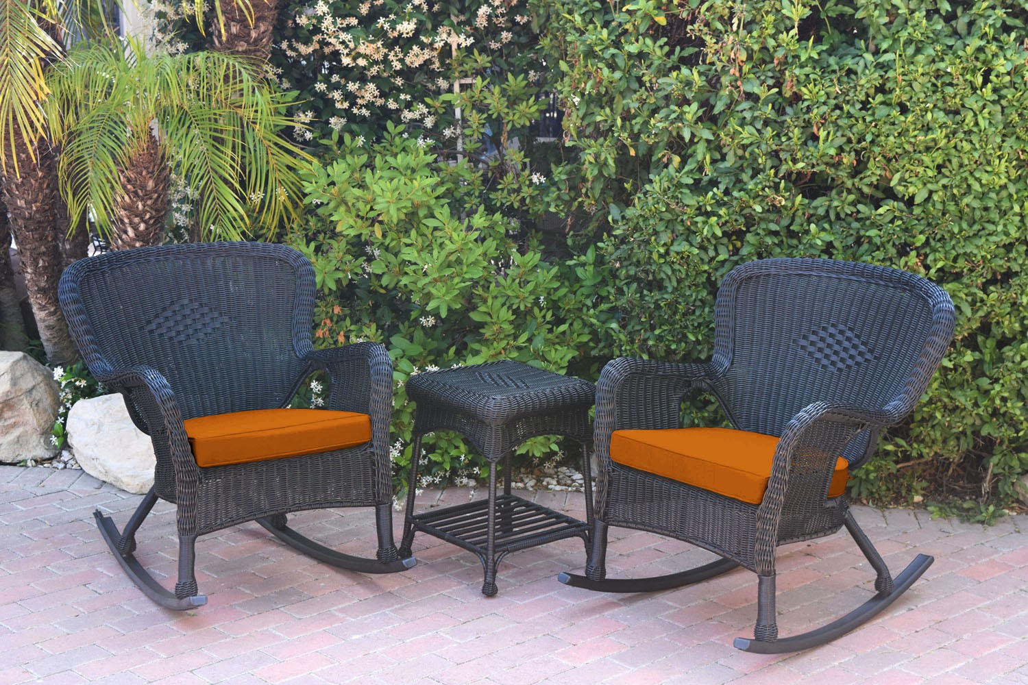 Windsor Black Wicker Rocker Chair And End Table Set With Orange Chair Cushion