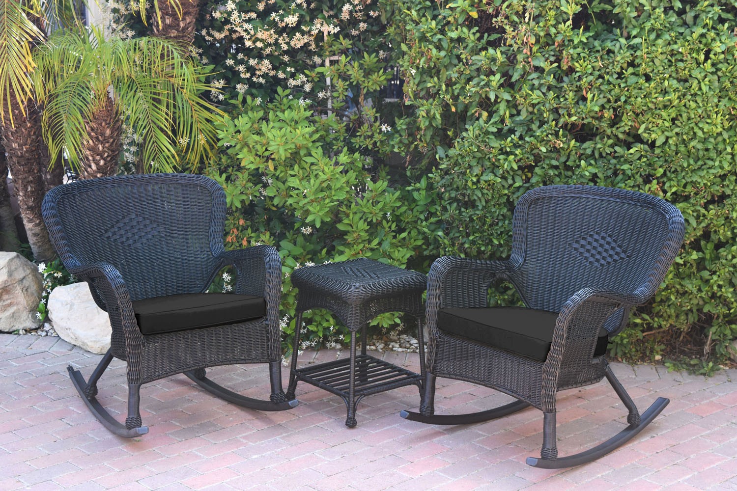 Windsor Black Wicker Rocker Chair And End Table Set With Black Chair Cushion