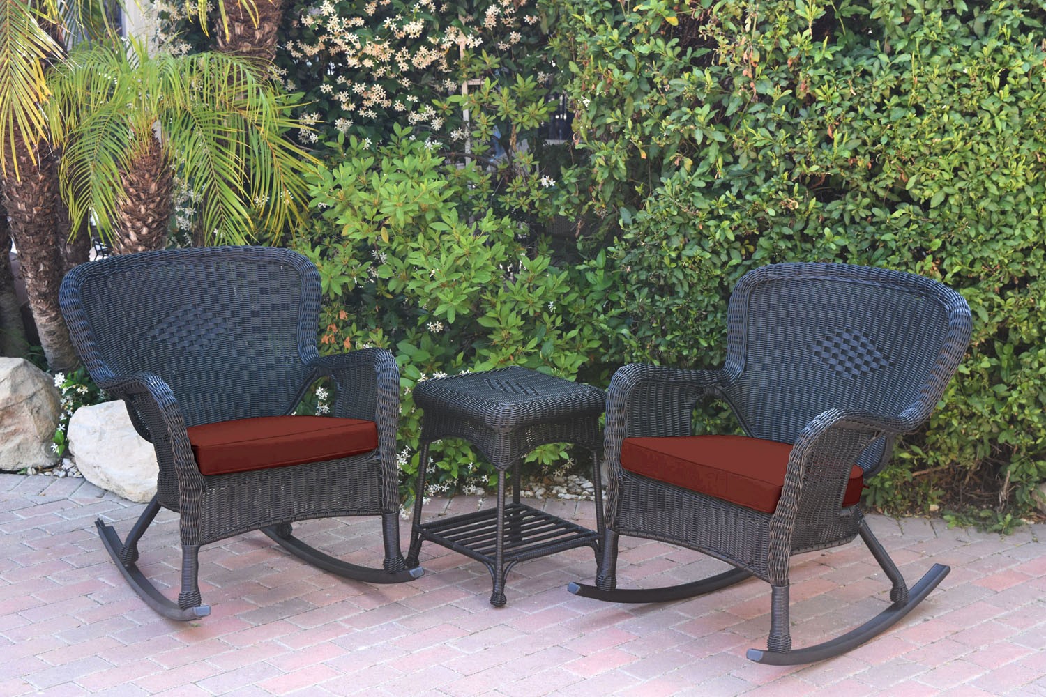 Windsor Black Wicker Rocker Chair And End Table Set With Brick Red Chair Cushion