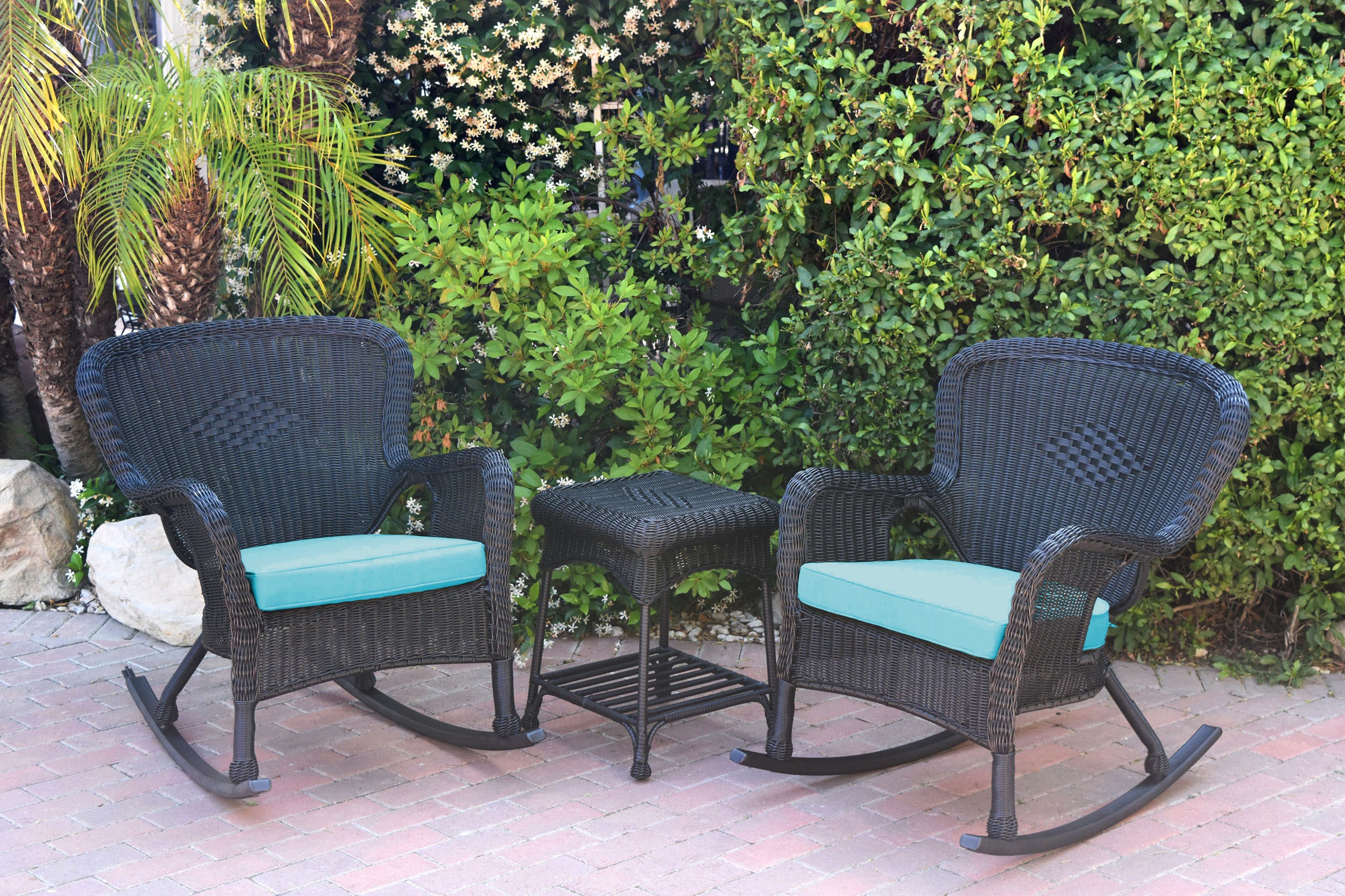 Windsor Black Wicker Rocker Chair And End Table Set With Sky Blue Chair Cushion