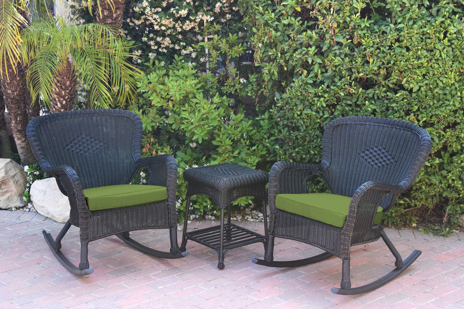 Windsor Black Wicker Rocker Chair And End Table Set With Sage Green Chair Cushion