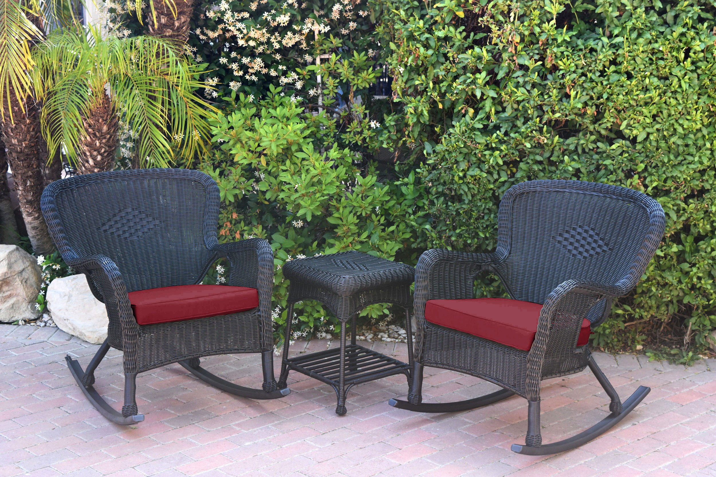 Windsor Black Wicker Rocker Chair And End Table Set With Red Chair Cushion