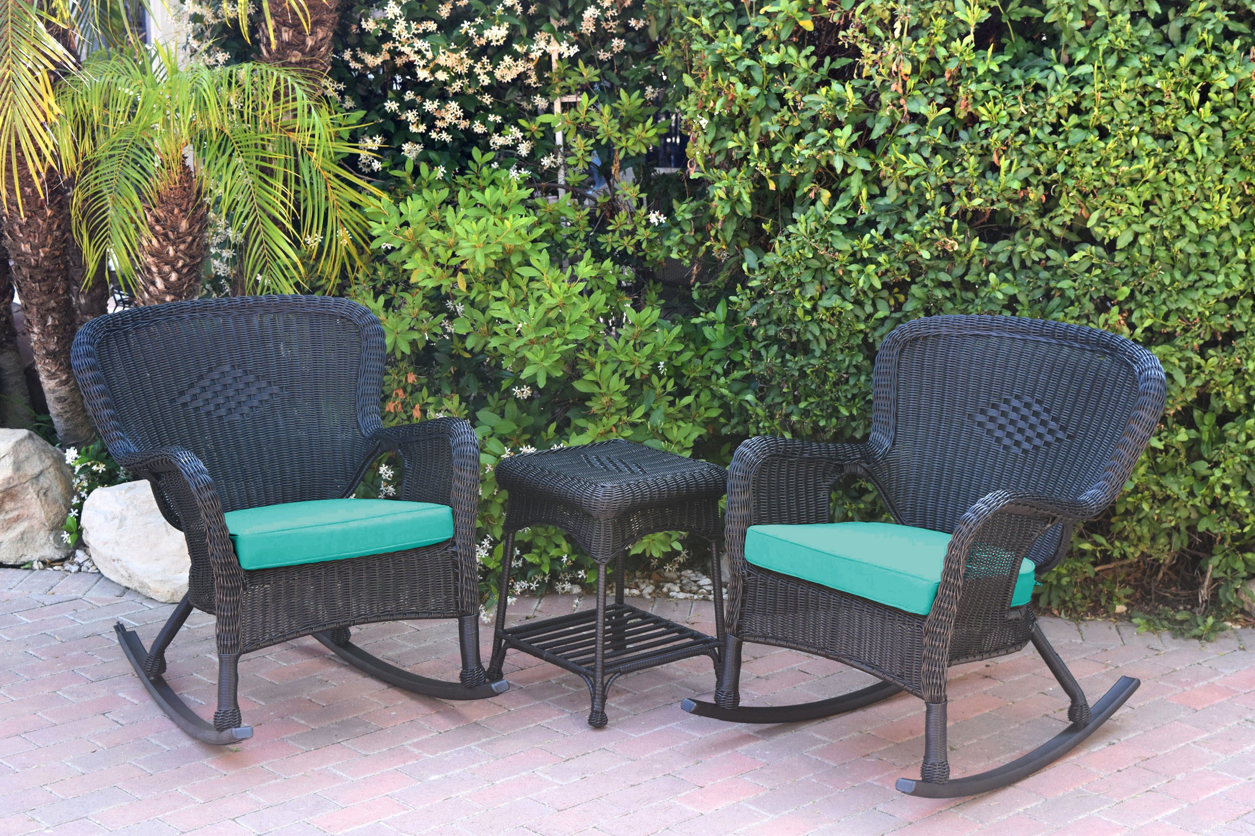 Windsor Black Wicker Rocker Chair And End Table Set With Turquoise Chair Cushion