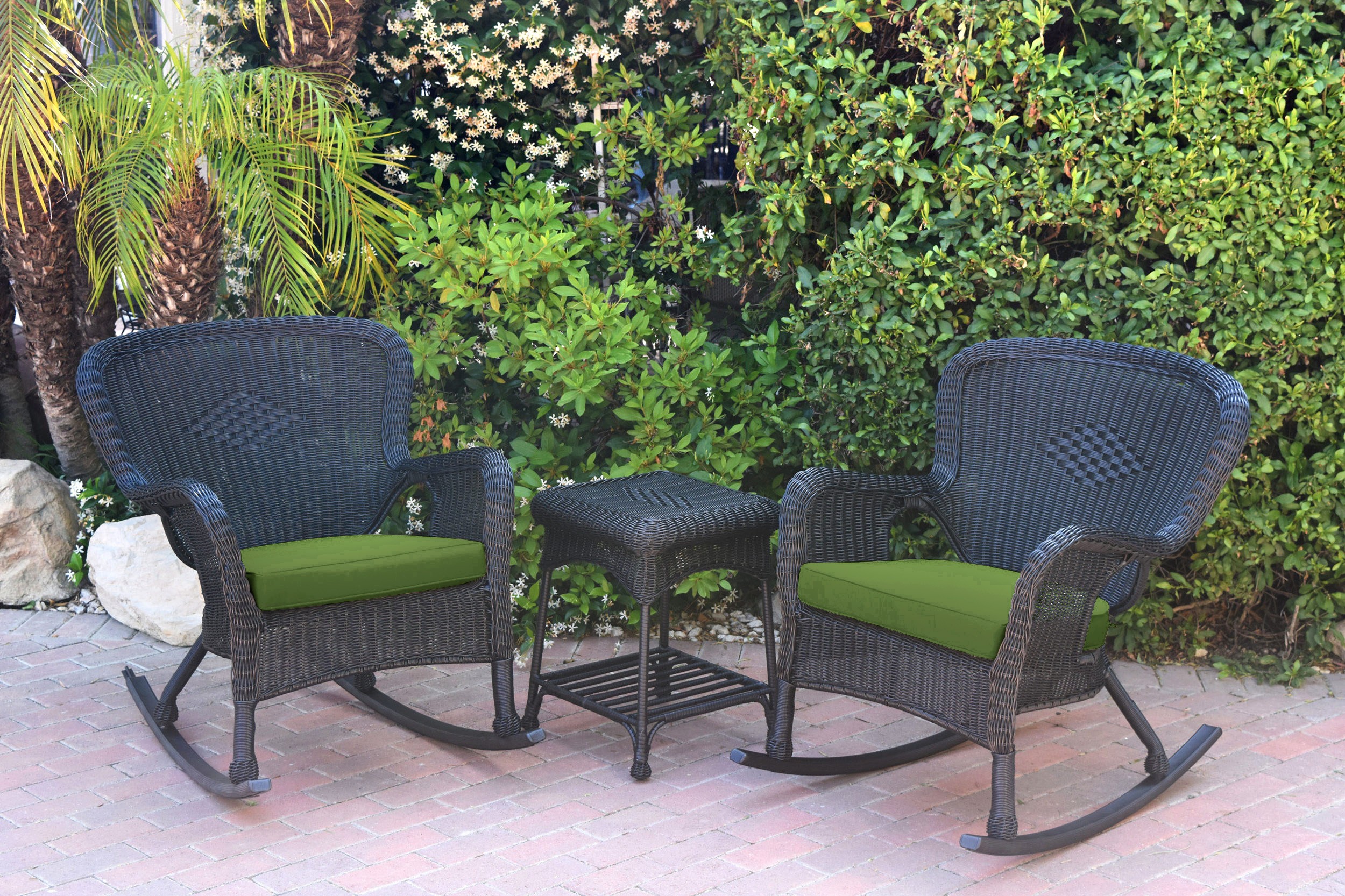 Windsor Black Wicker Rocker Chair And End Table Set With Hunter Green Chair Cushion