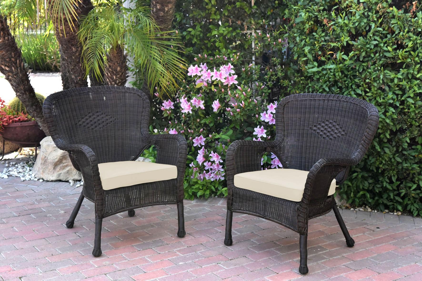 Set of 2 Windsor Espresso Resin Wicker Chair with Ivory Cushion