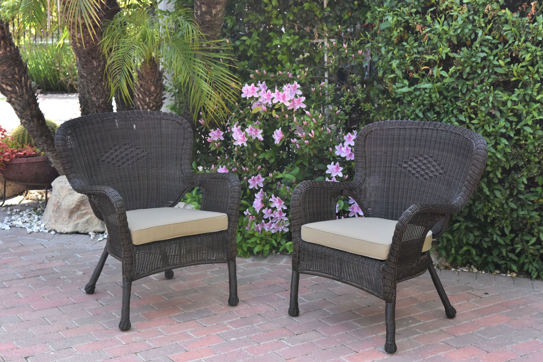 Set of 2 Windsor Espresso Resin Wicker Chair with Tan Cushions
