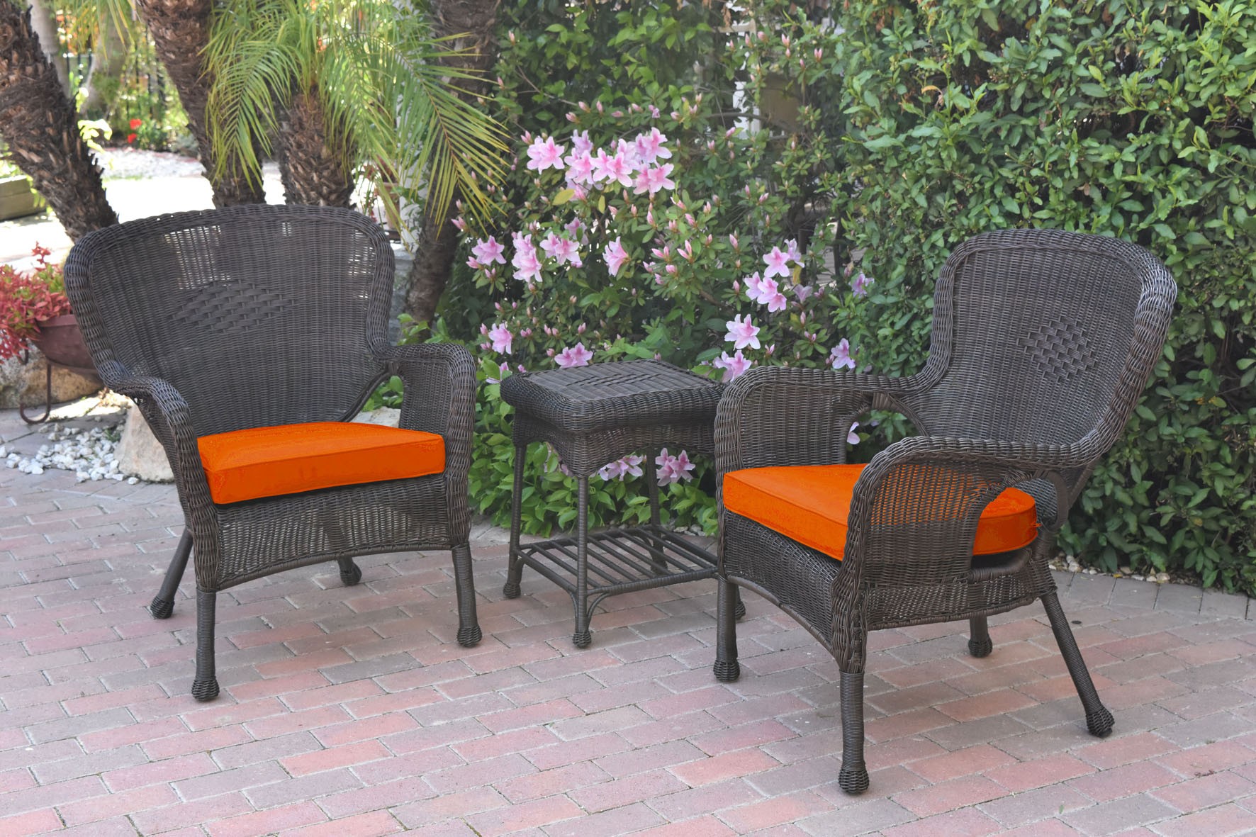 Set of 2 Windsor Espresso Resin Wicker Chair with Orange Cushions