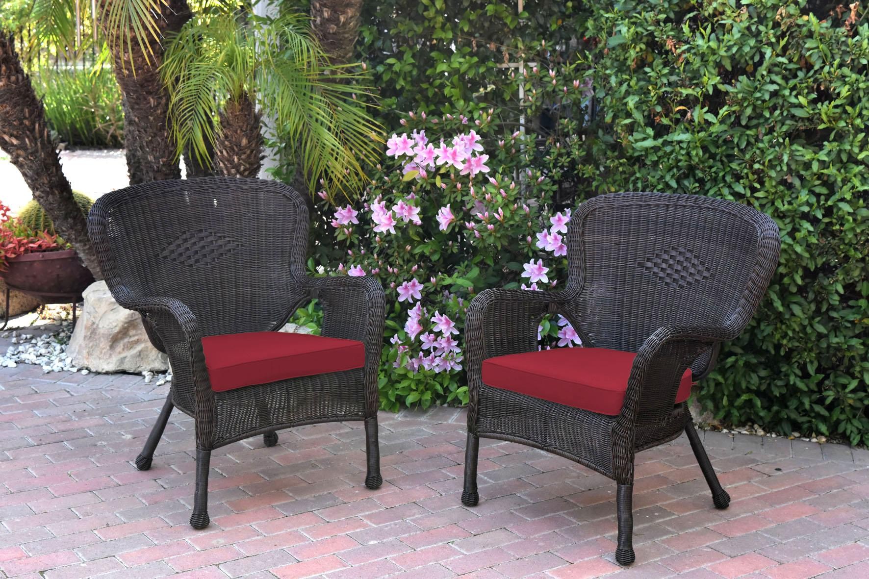Set of 2 Windsor Espresso Resin Wicker Chair with Red Cushion