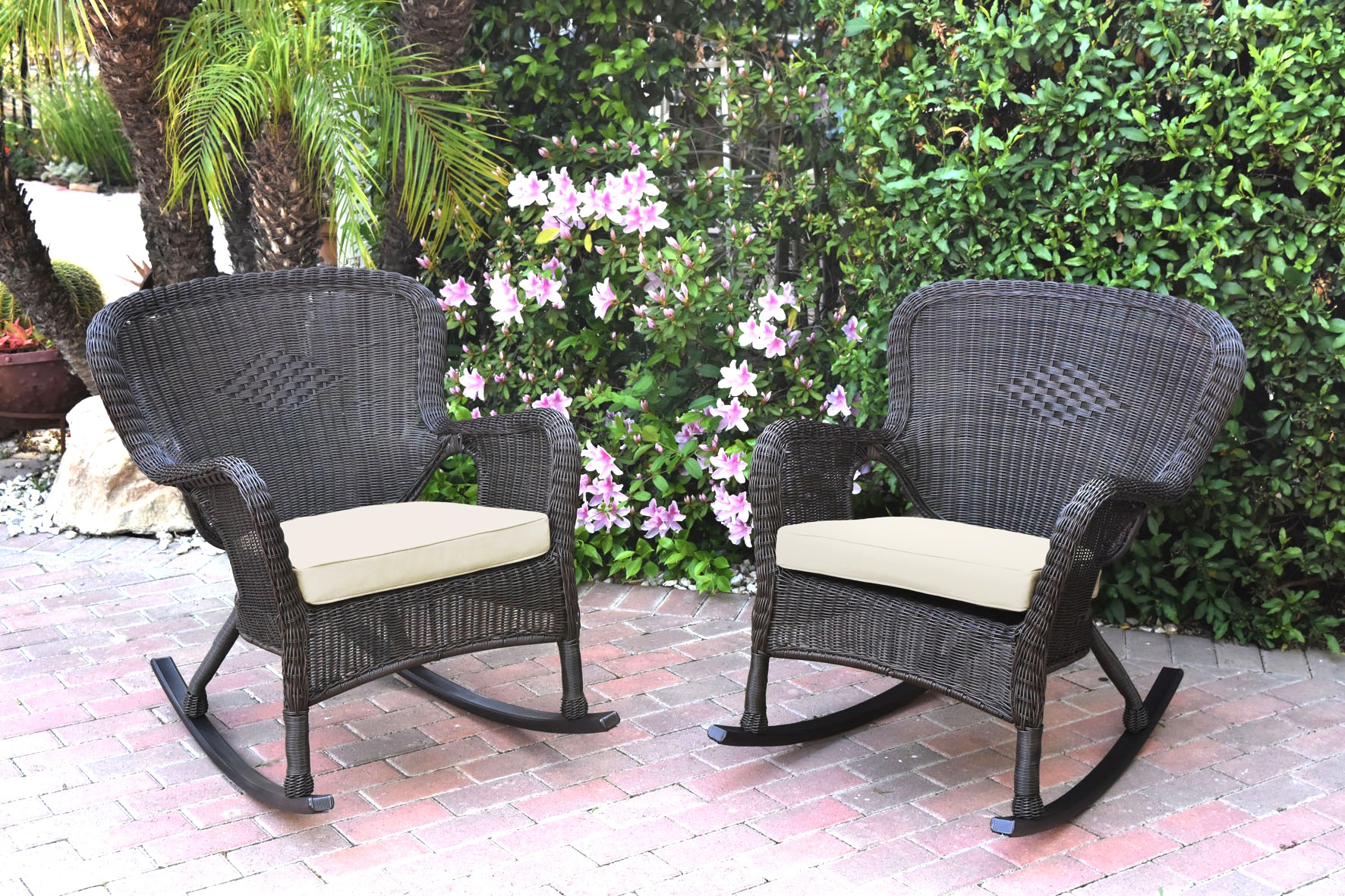 Set of 2 Windsor Espresso Resin Wicker Rocker Chair with Ivory Cushions