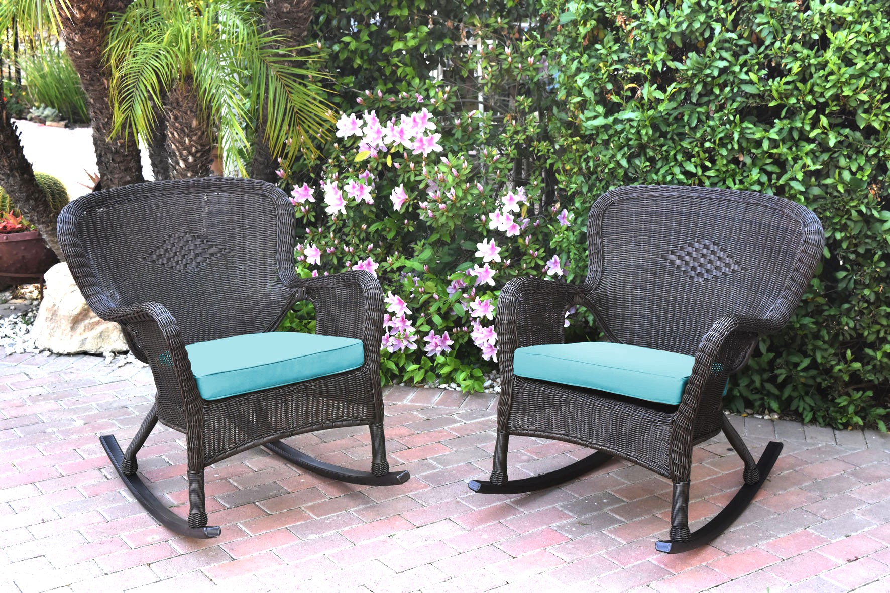 Set of 2 Windsor Espresso Resin Wicker Rocker Chair with Sky Blue Cushions