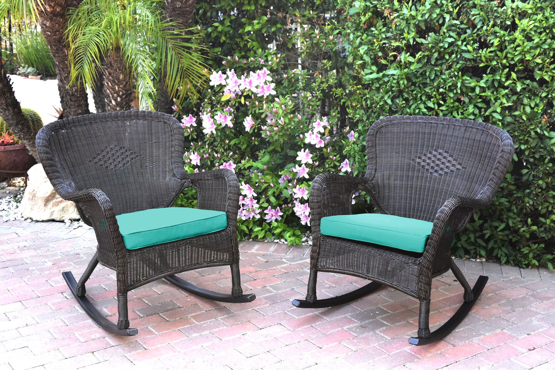 Set of 2 Windsor Espresso Resin Wicker Rocker Chair with Turquoise Cushions