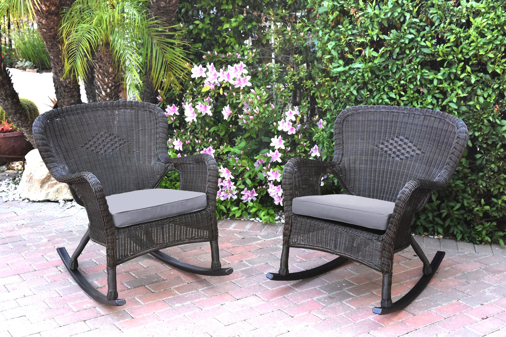 Set of 2 Windsor Espresso Resin Wicker Rocker Chair with Steel Blue Cushions
