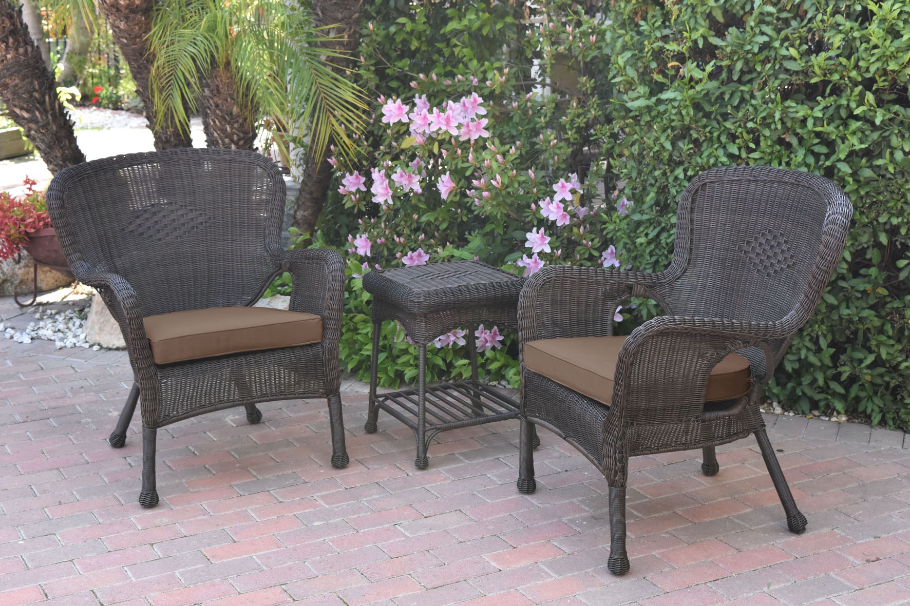 Windsor Espresso Wicker Chair And End Table Set With Brown Chair Cushion