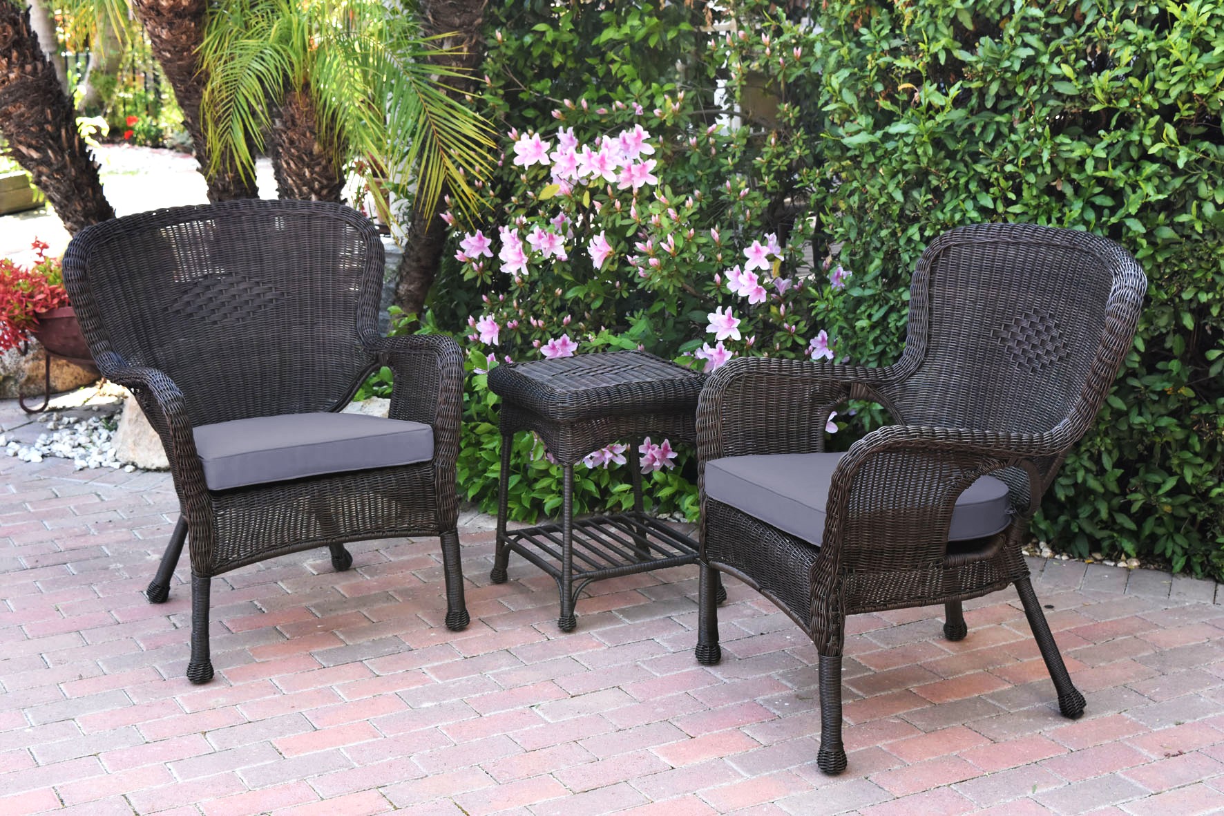 Windsor Espresso Wicker Chair And End Table Set With Steel Blue Chair Cushion
