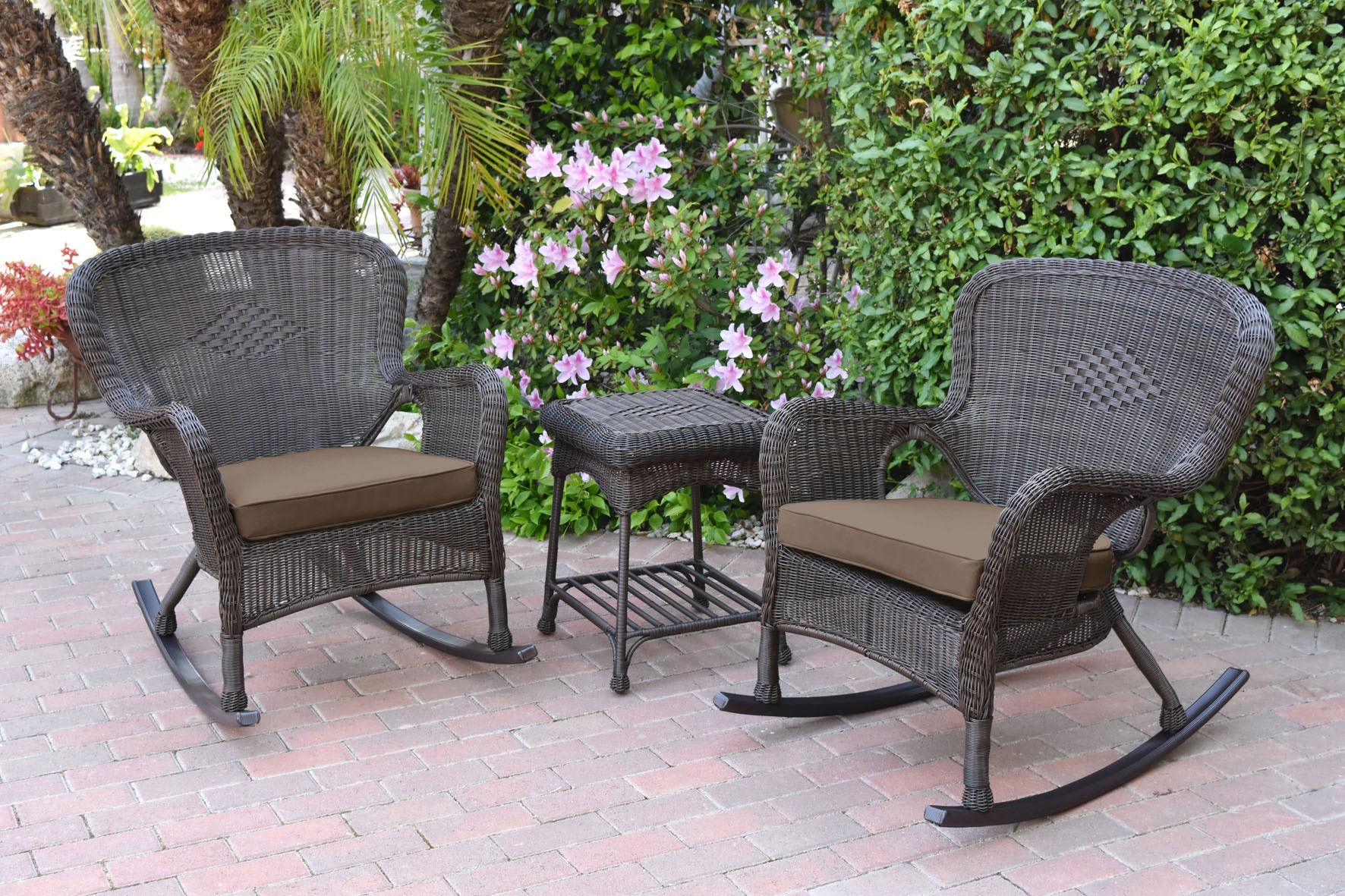 Windsor Espresso Wicker Rocker Chair And End Table Set With Brown Chair Cushion