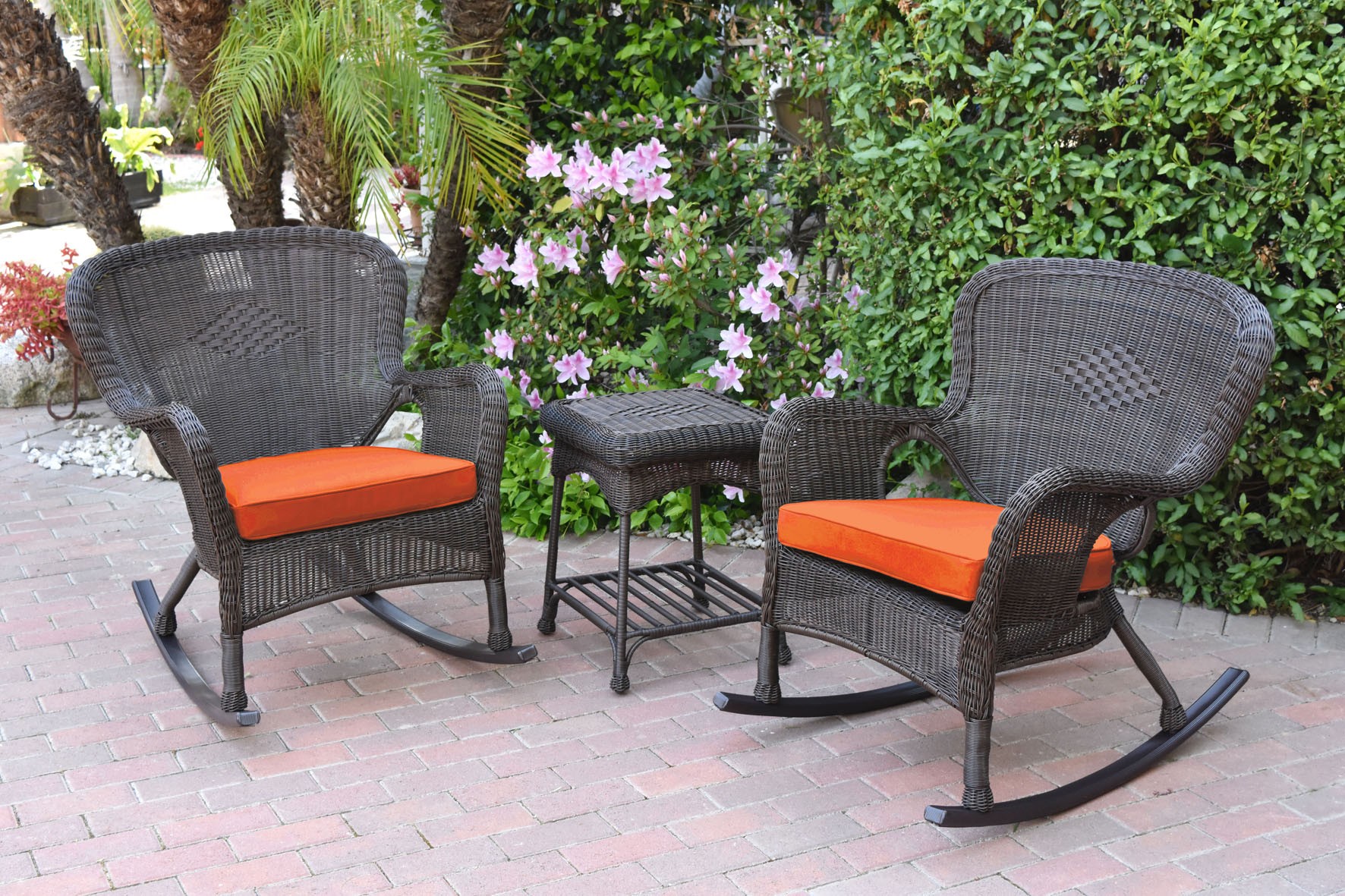 Windsor Espresso Wicker Rocker Chair And End Table Set With Orange Chair Cushion