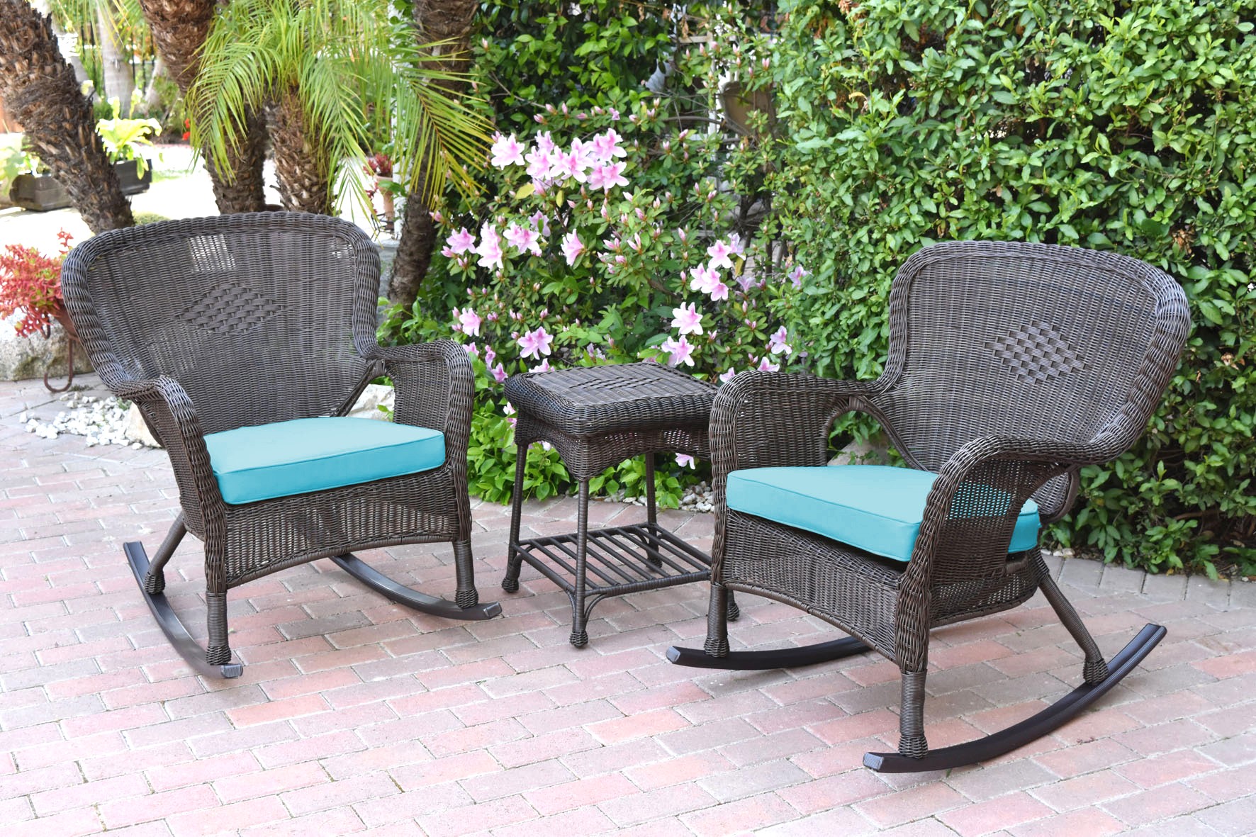 Windsor Espresso Wicker Rocker Chair And End Table Set With Sky Blue Chair Cushion